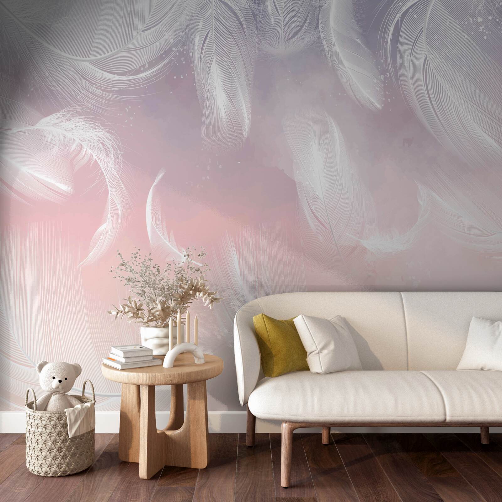 Fotobehang witte veren drijvend in de avondzon