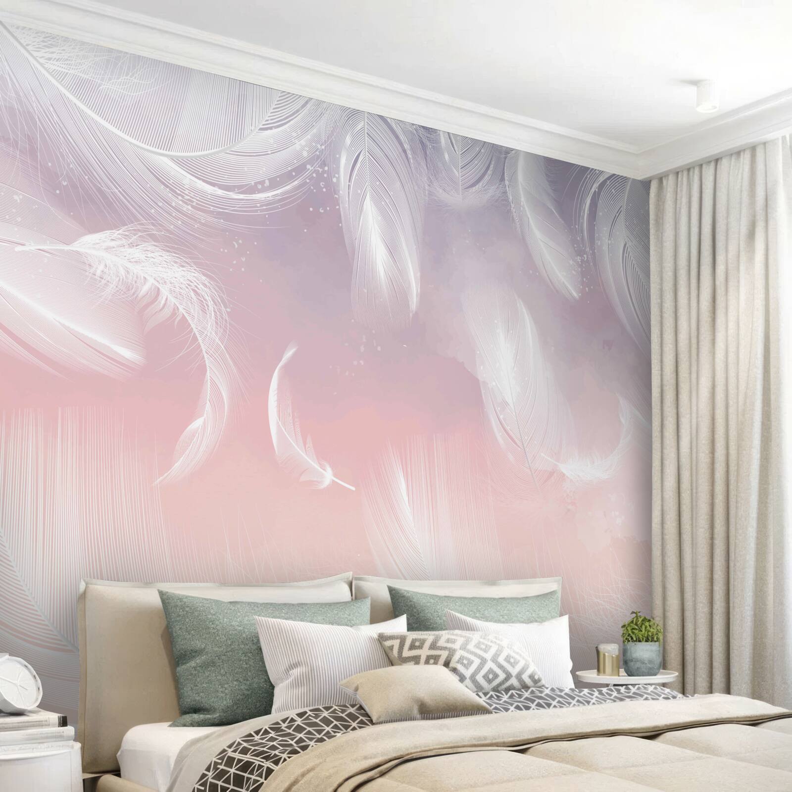 Fotobehang witte veren drijvend in de avondzon