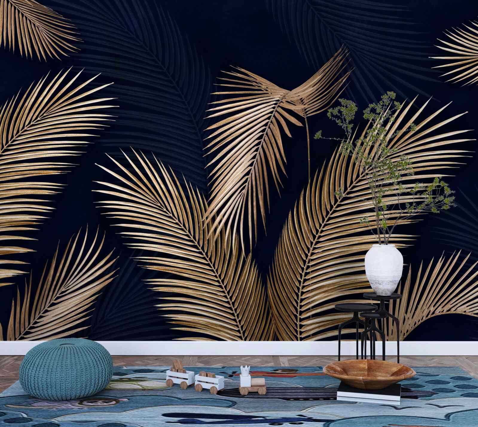 Fotobehang donkere achtergrond versierd met gouden veren