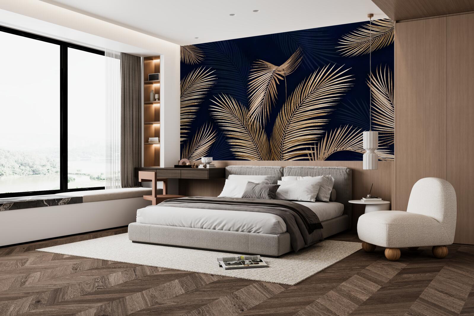 Fotobehang donkere achtergrond versierd met gouden veren