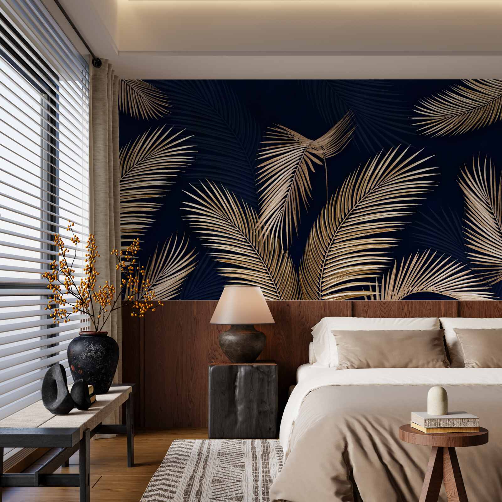 Fotobehang donkere achtergrond versierd met gouden veren