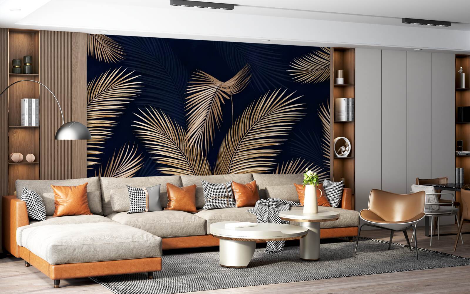 Fotobehang donkere achtergrond versierd met gouden veren