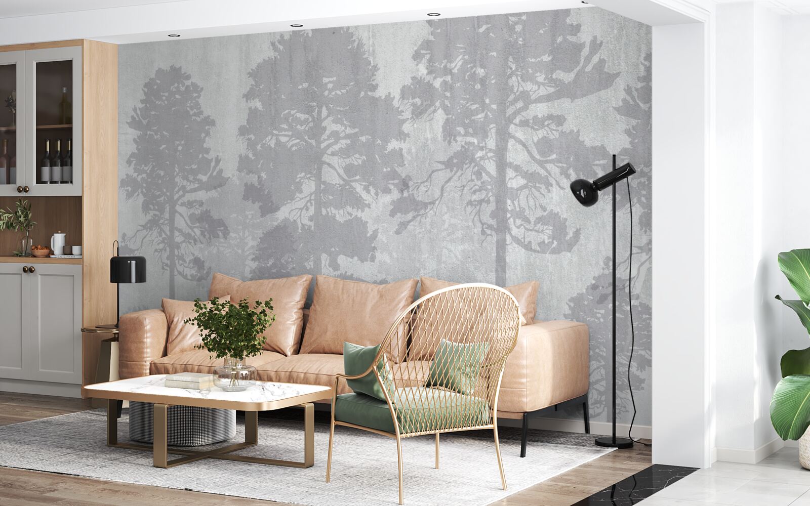 Fotobehang De mistige contouren van de bosbomen aan de rand lijken slank