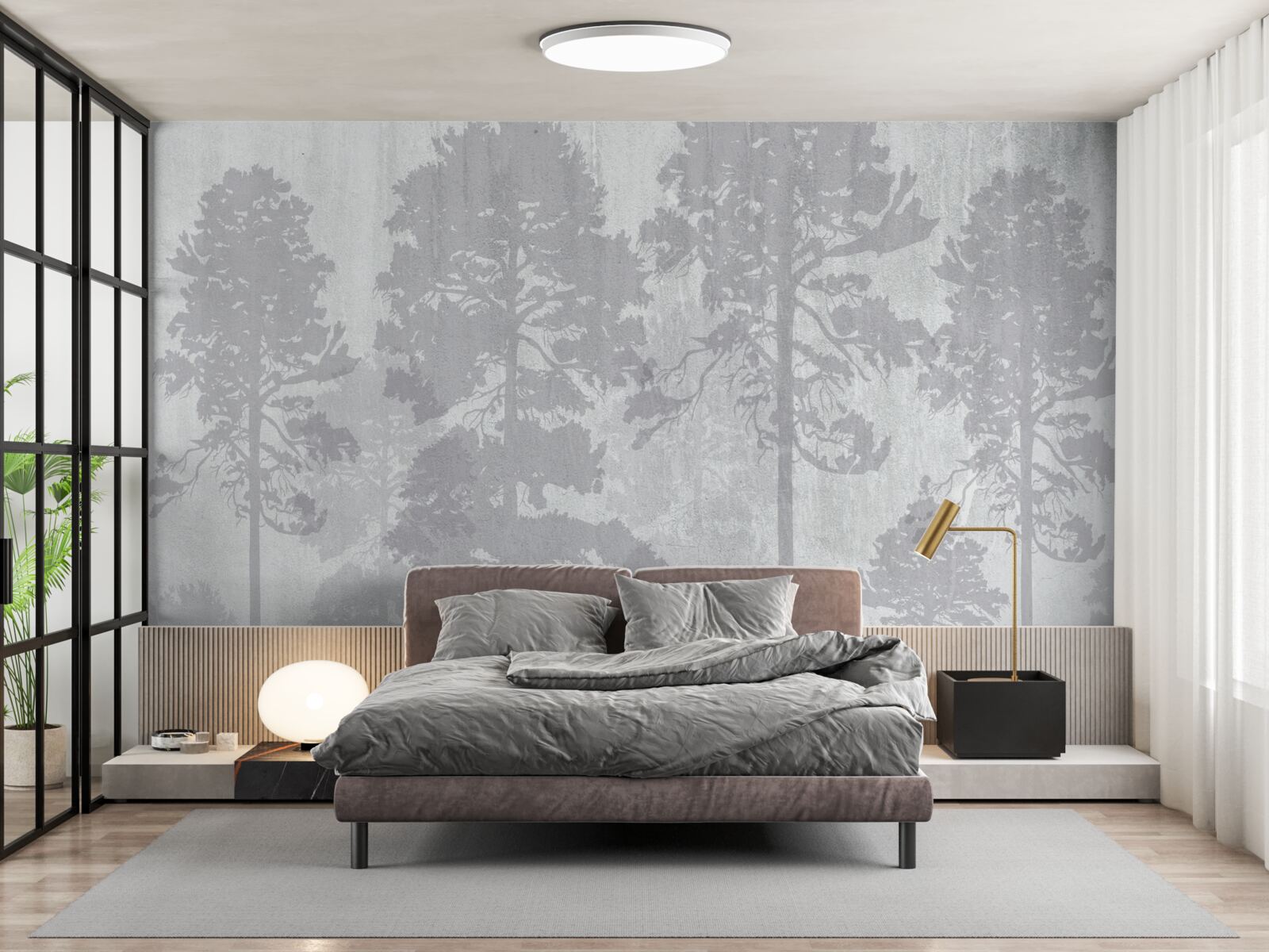 Fotobehang De mistige contouren van de bosbomen aan de rand lijken slank