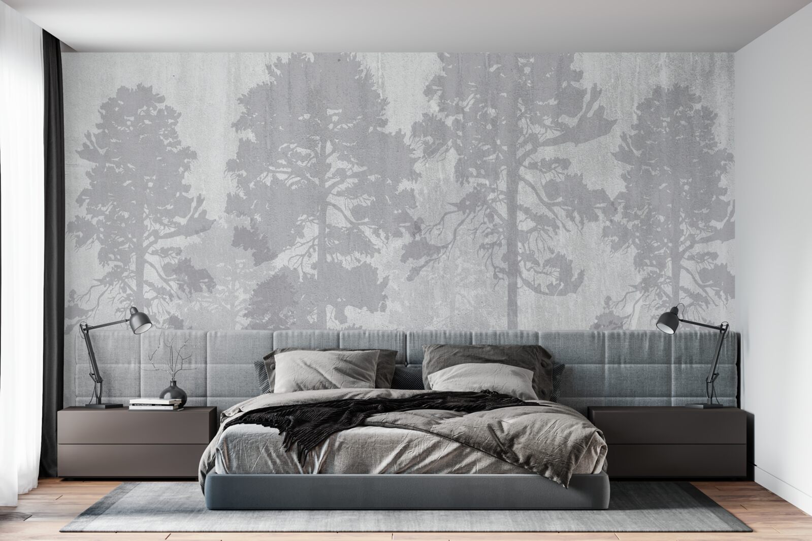 Fotobehang De mistige contouren van de bosbomen aan de rand lijken slank