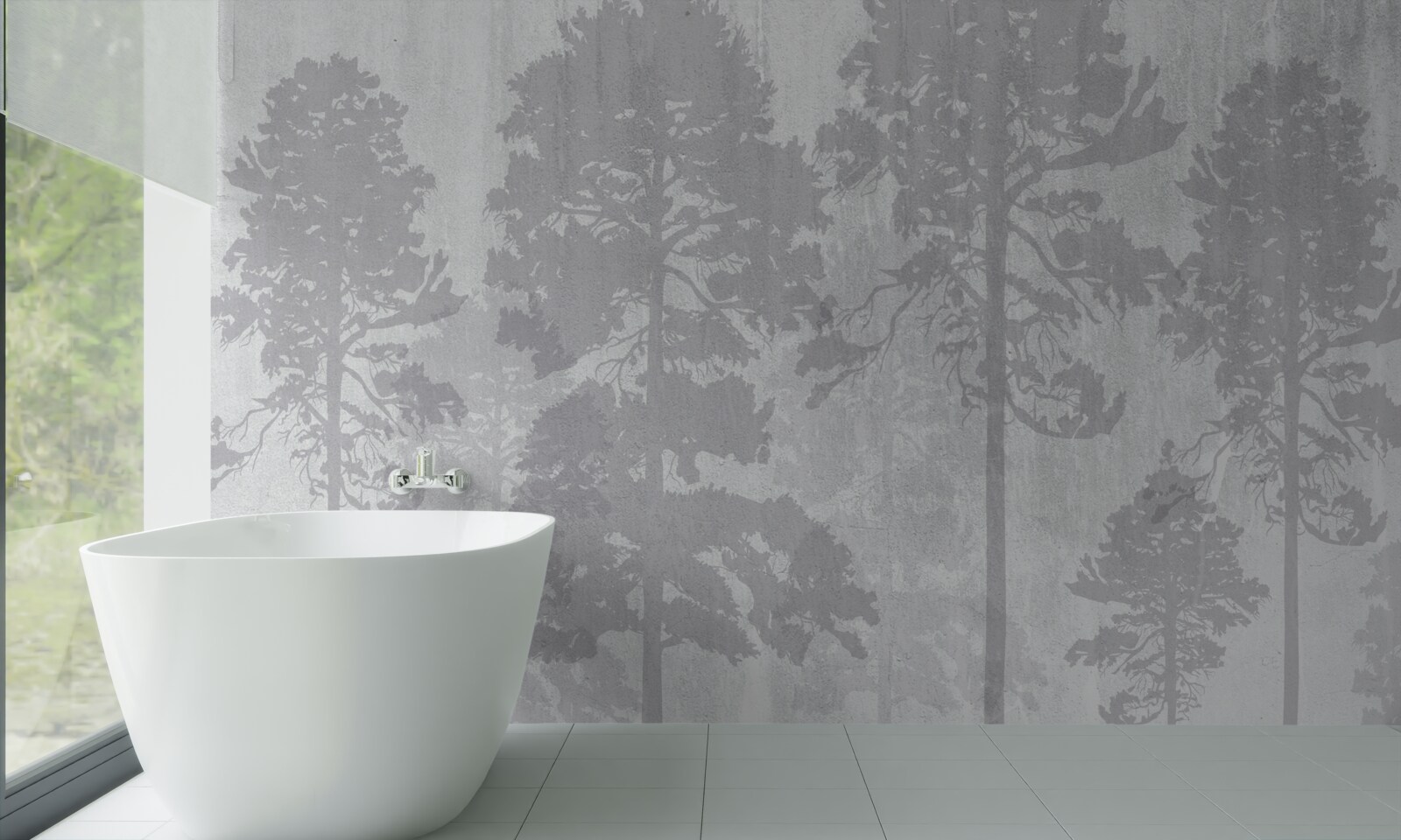 Fotobehang De mistige contouren van de bosbomen aan de rand lijken slank