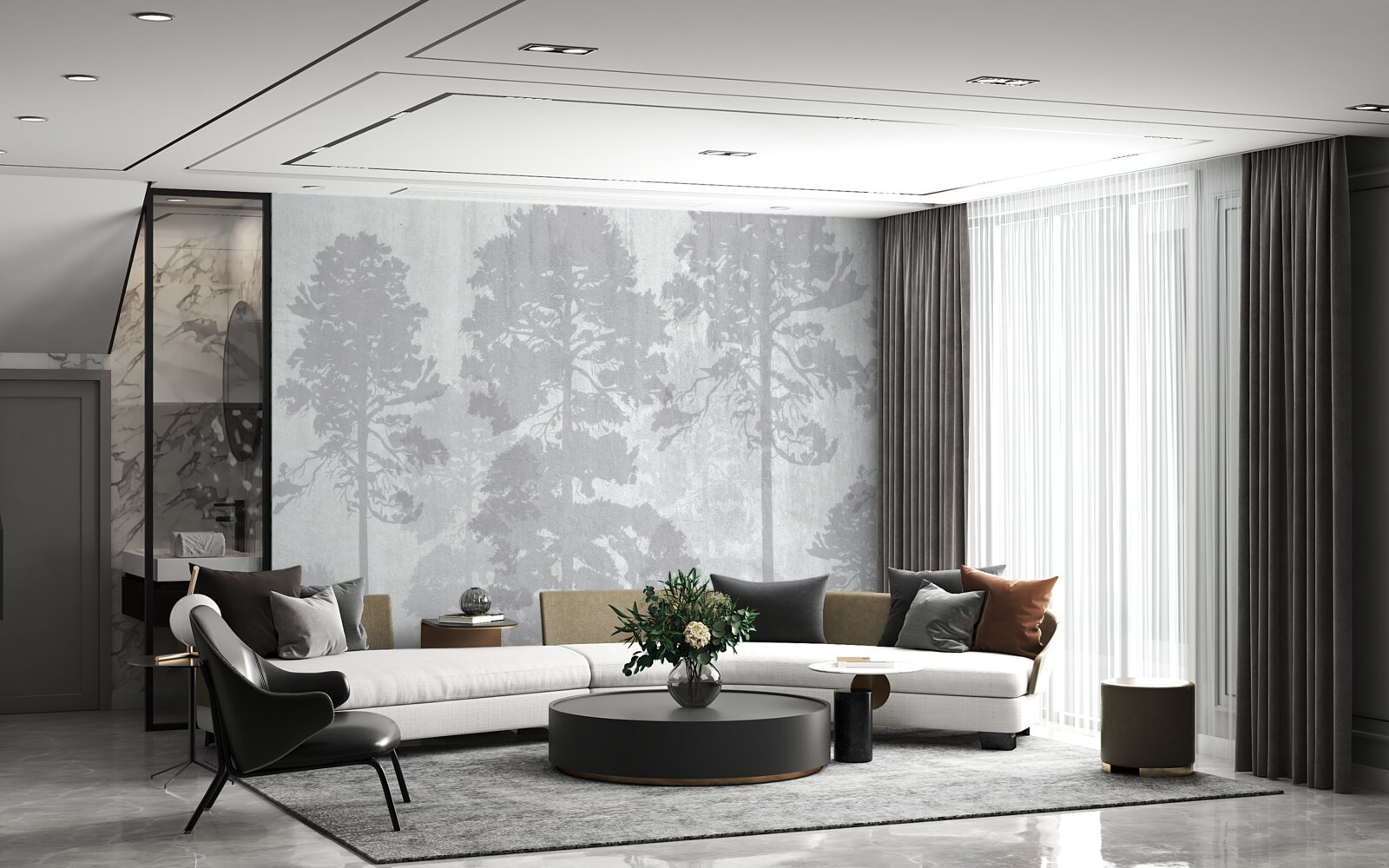 Fotobehang De mistige contouren van de bosbomen aan de rand lijken slank