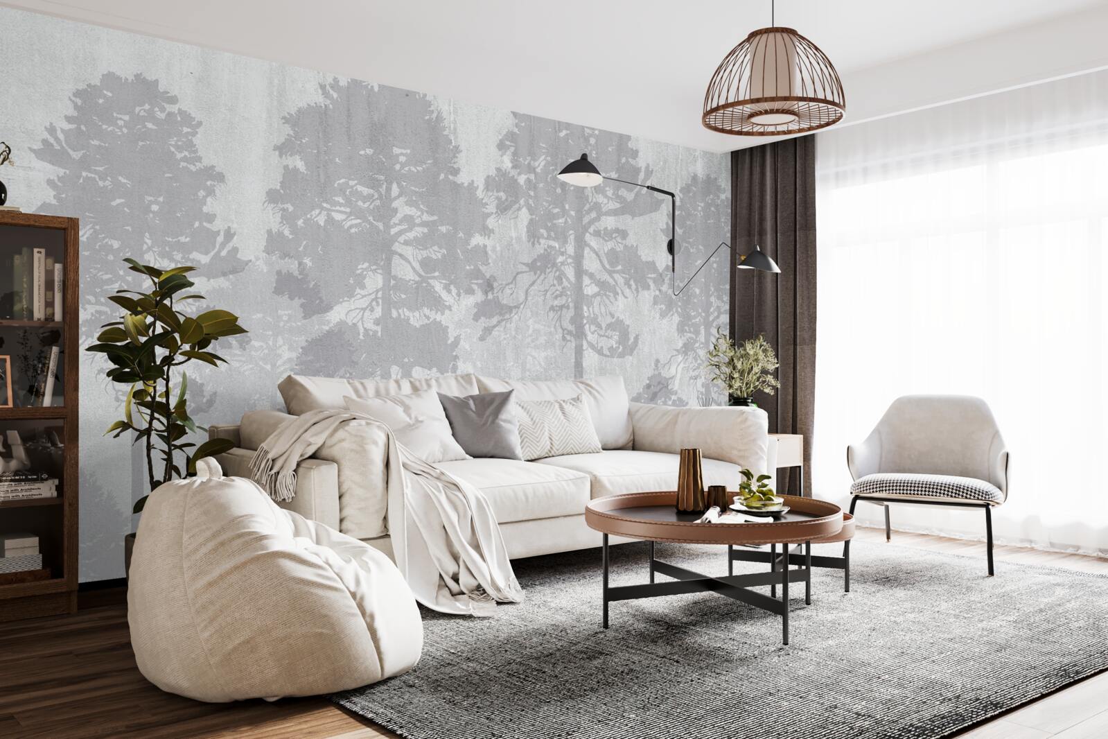 Fotobehang De mistige contouren van de bosbomen aan de rand lijken slank