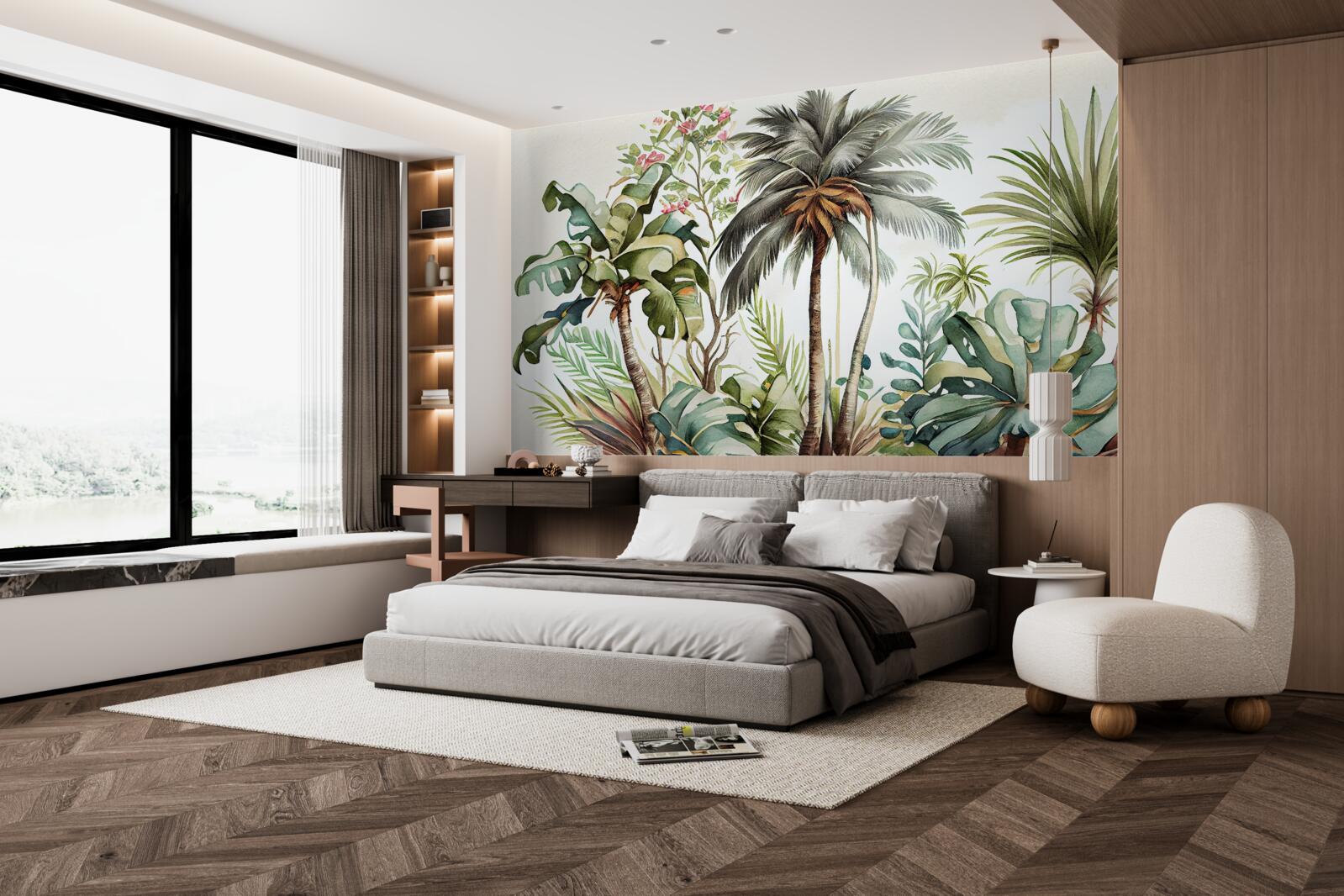 Fotobehang tropische planten, waaronder palmbomen