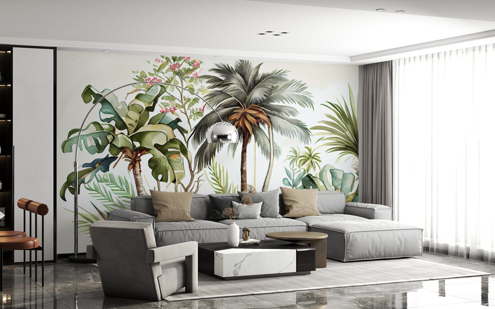 Fotobehang tropische planten, waaronder palmbomen