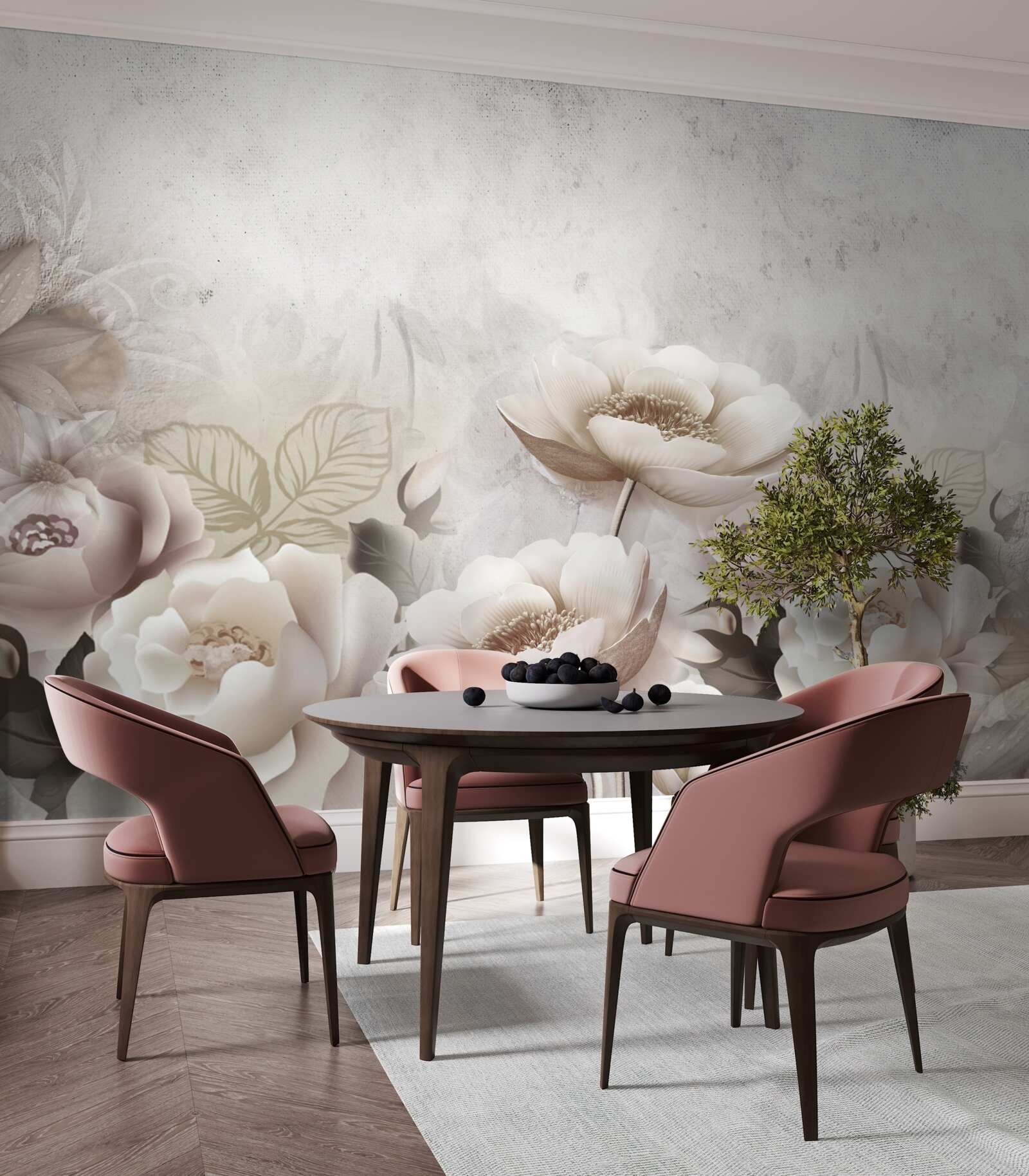 Fotobehang een mistige weide bezaaid met witte bloemen