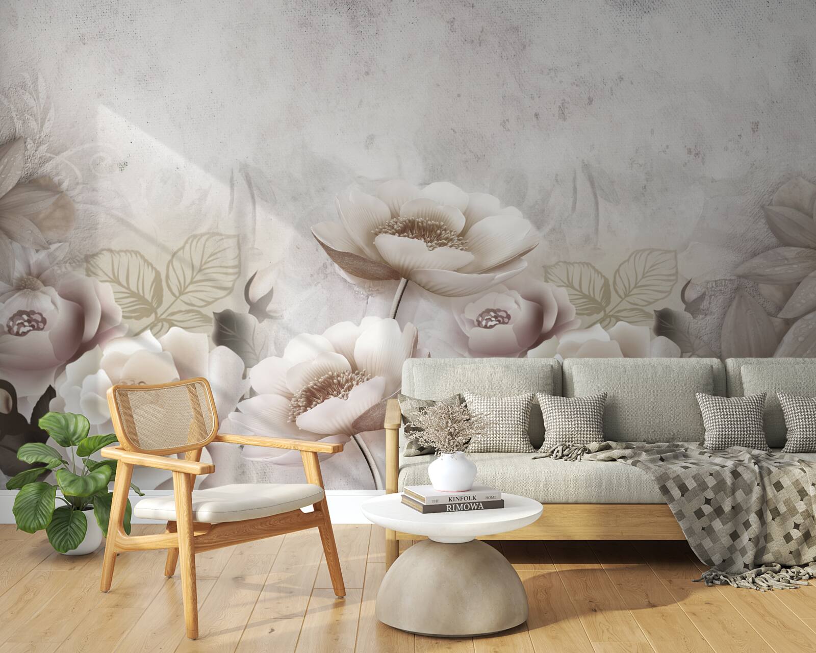 Fotobehang een mistige weide bezaaid met witte bloemen