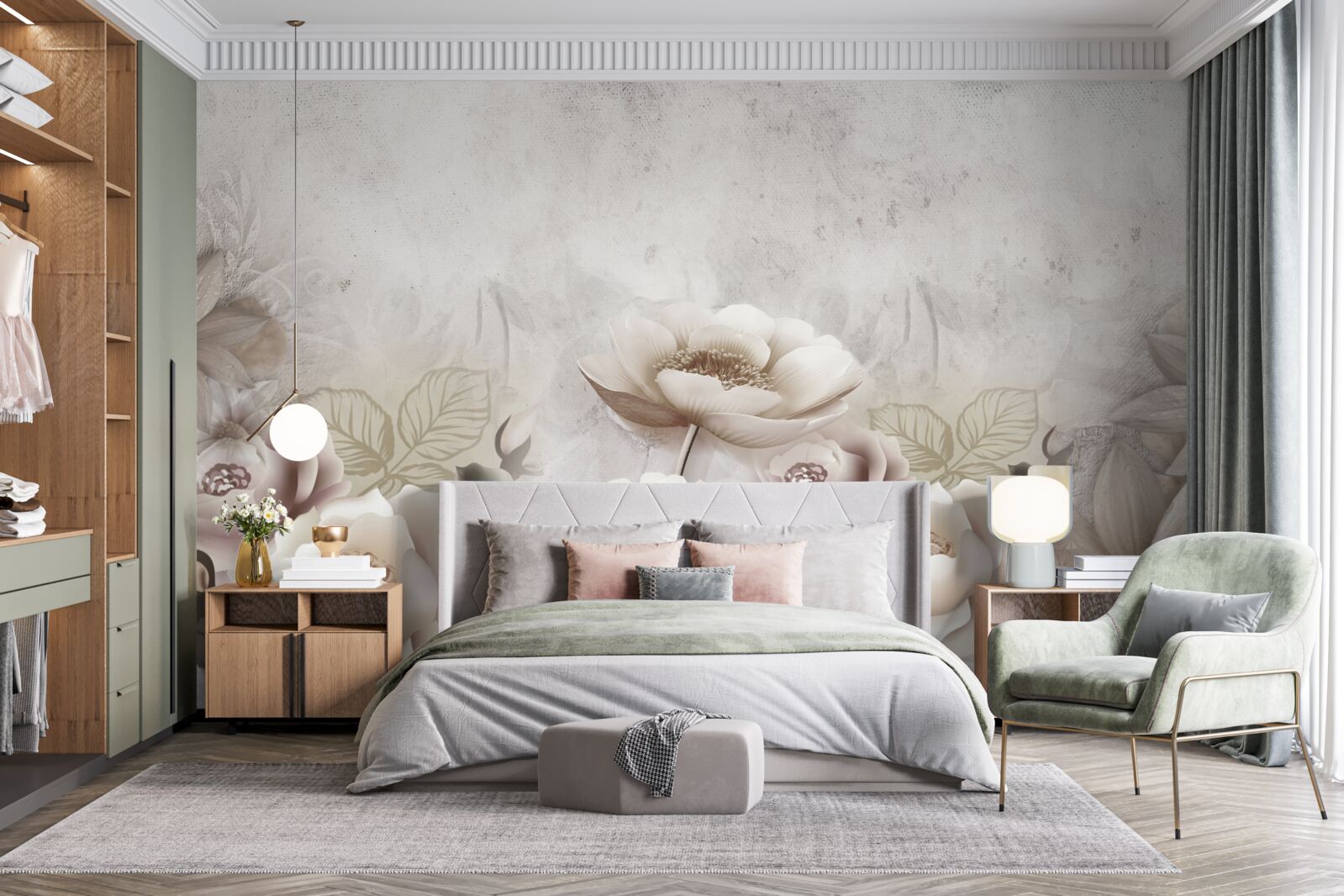 Fotobehang een mistige weide bezaaid met witte bloemen