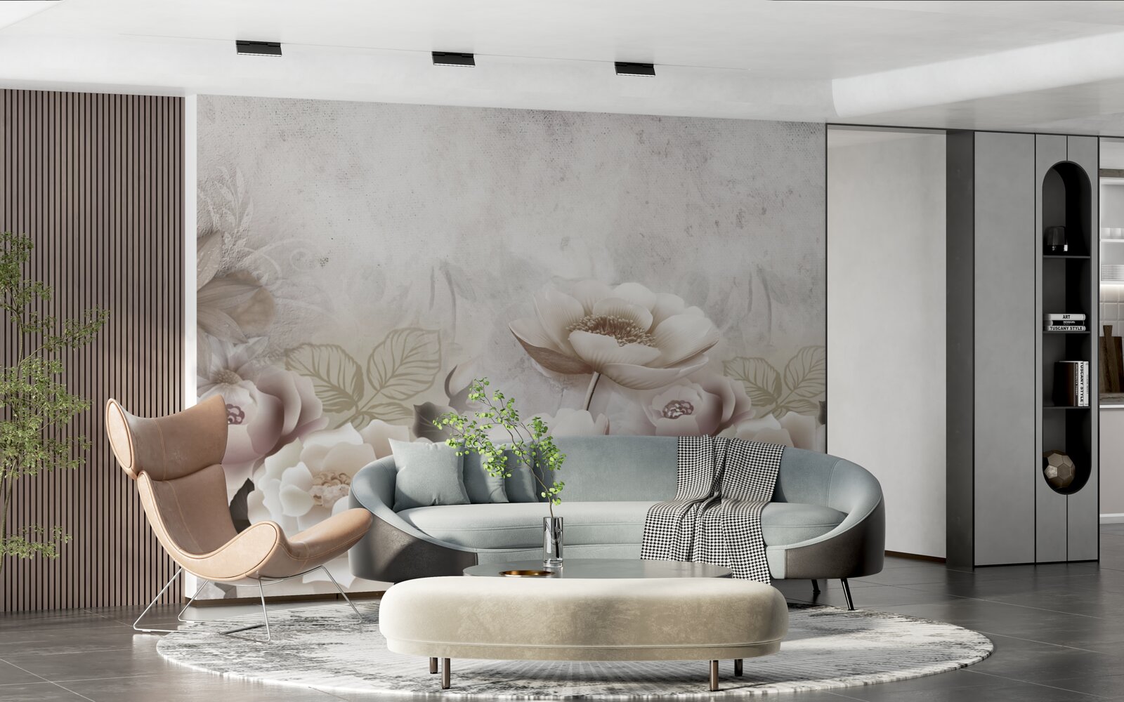 Fotobehang een mistige weide bezaaid met witte bloemen