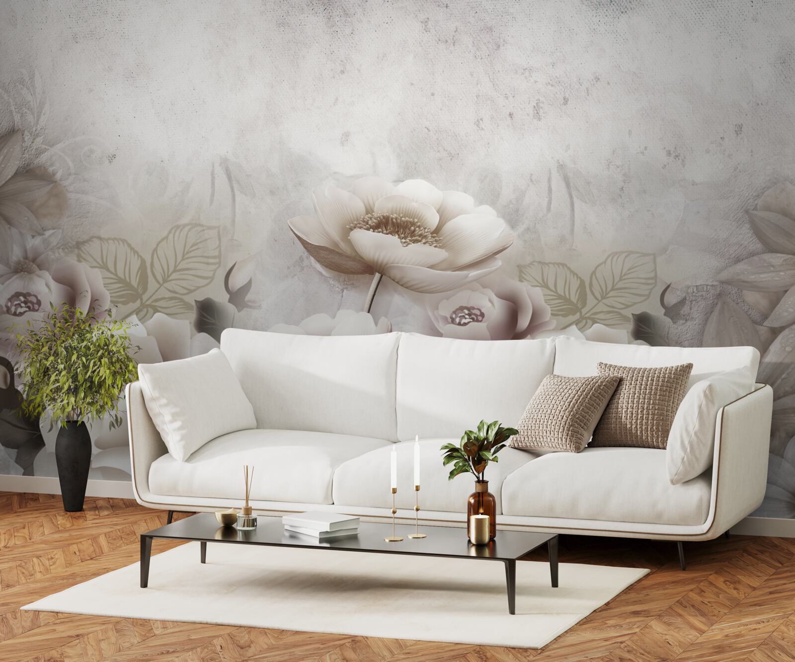 Fotobehang een mistige weide bezaaid met witte bloemen