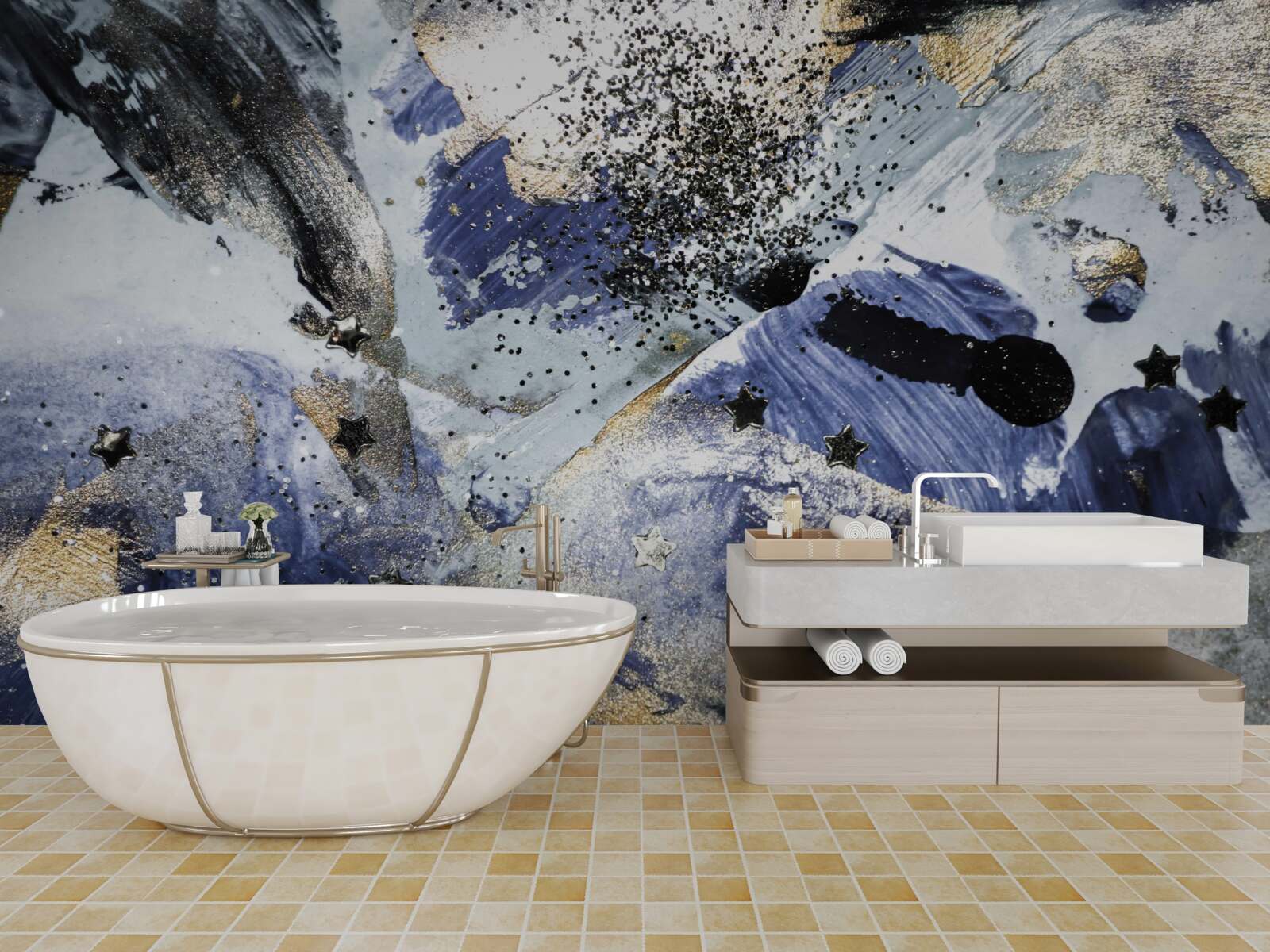 Fotobehang Goud- en blauwtinten in een abstract ontwerp