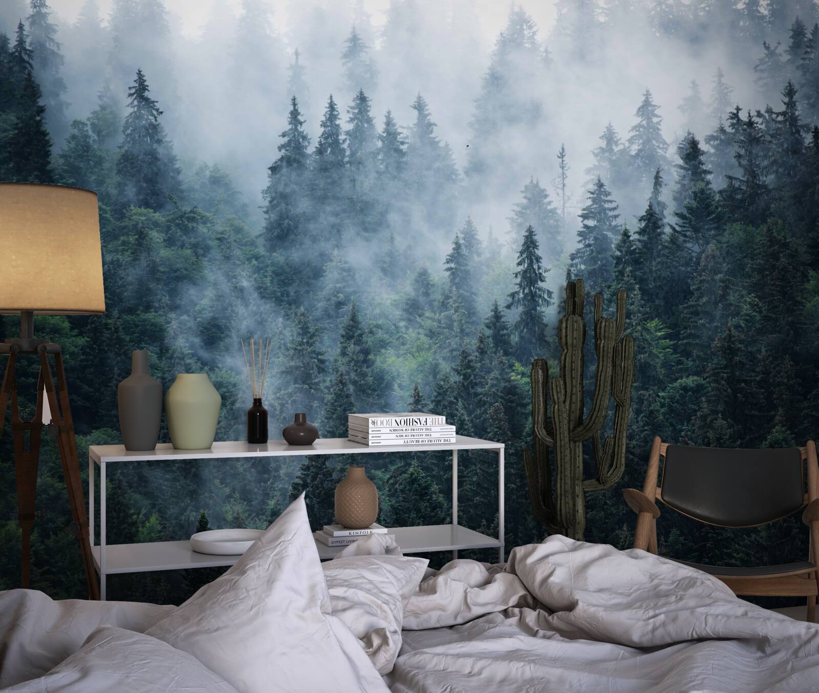 Fotobehang mist daalt neer op een bosje sparrenbomen