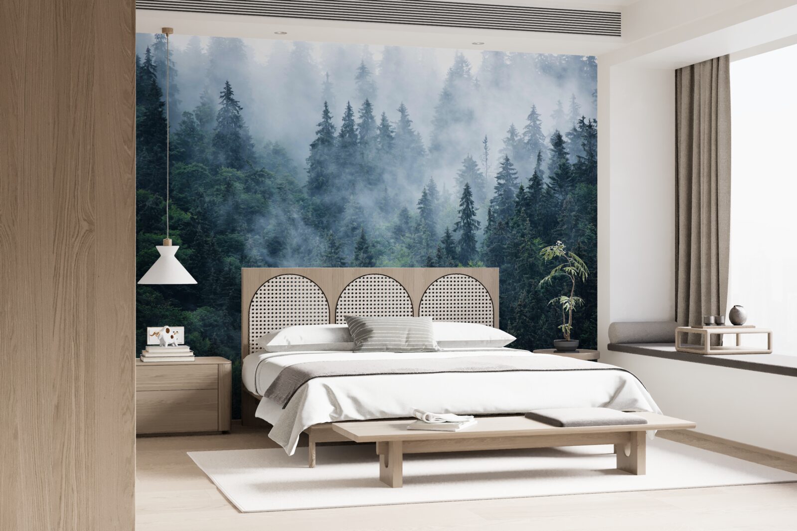 Fotobehang mist daalt neer op een bosje sparrenbomen