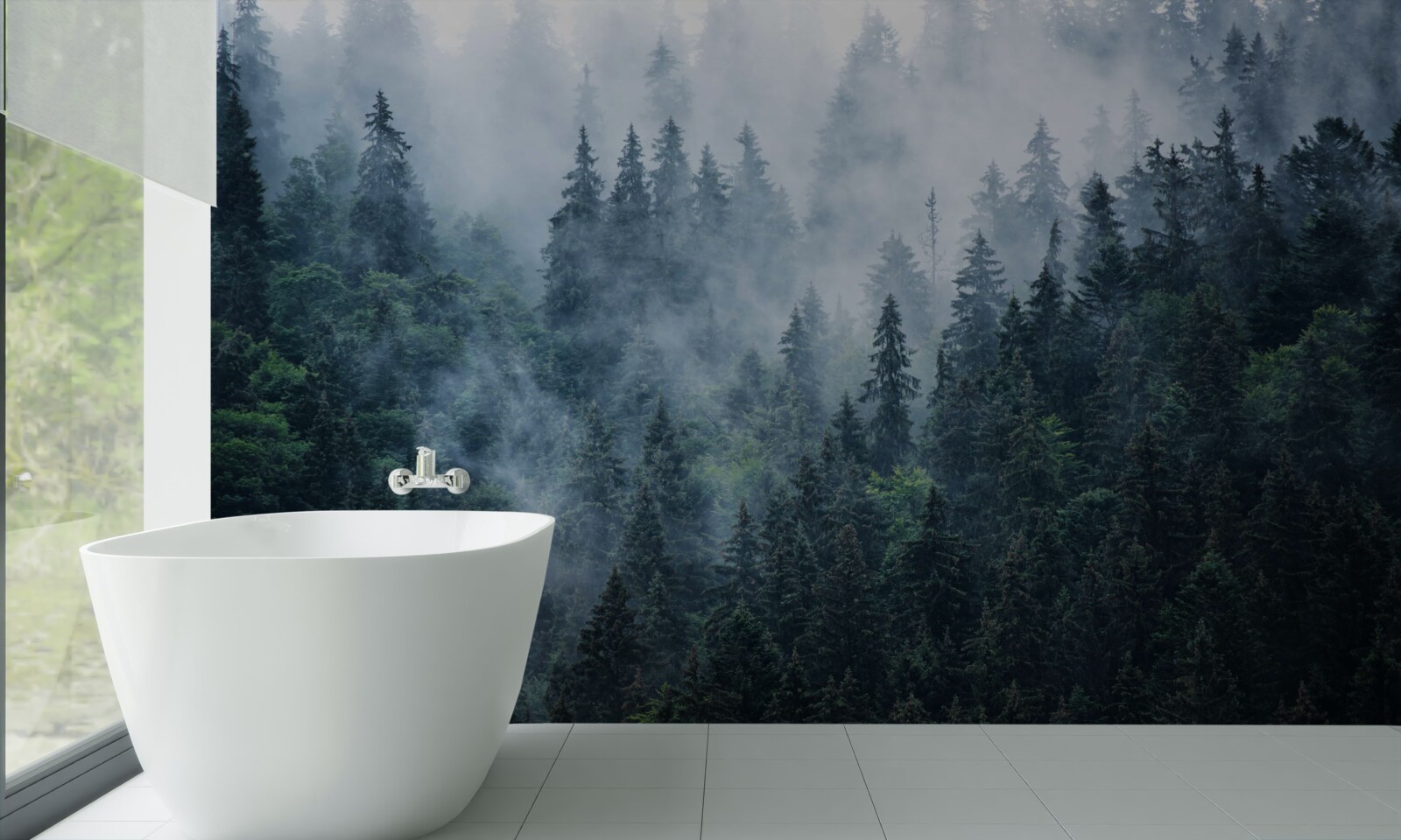 Fotobehang mist daalt neer op een bosje sparrenbomen