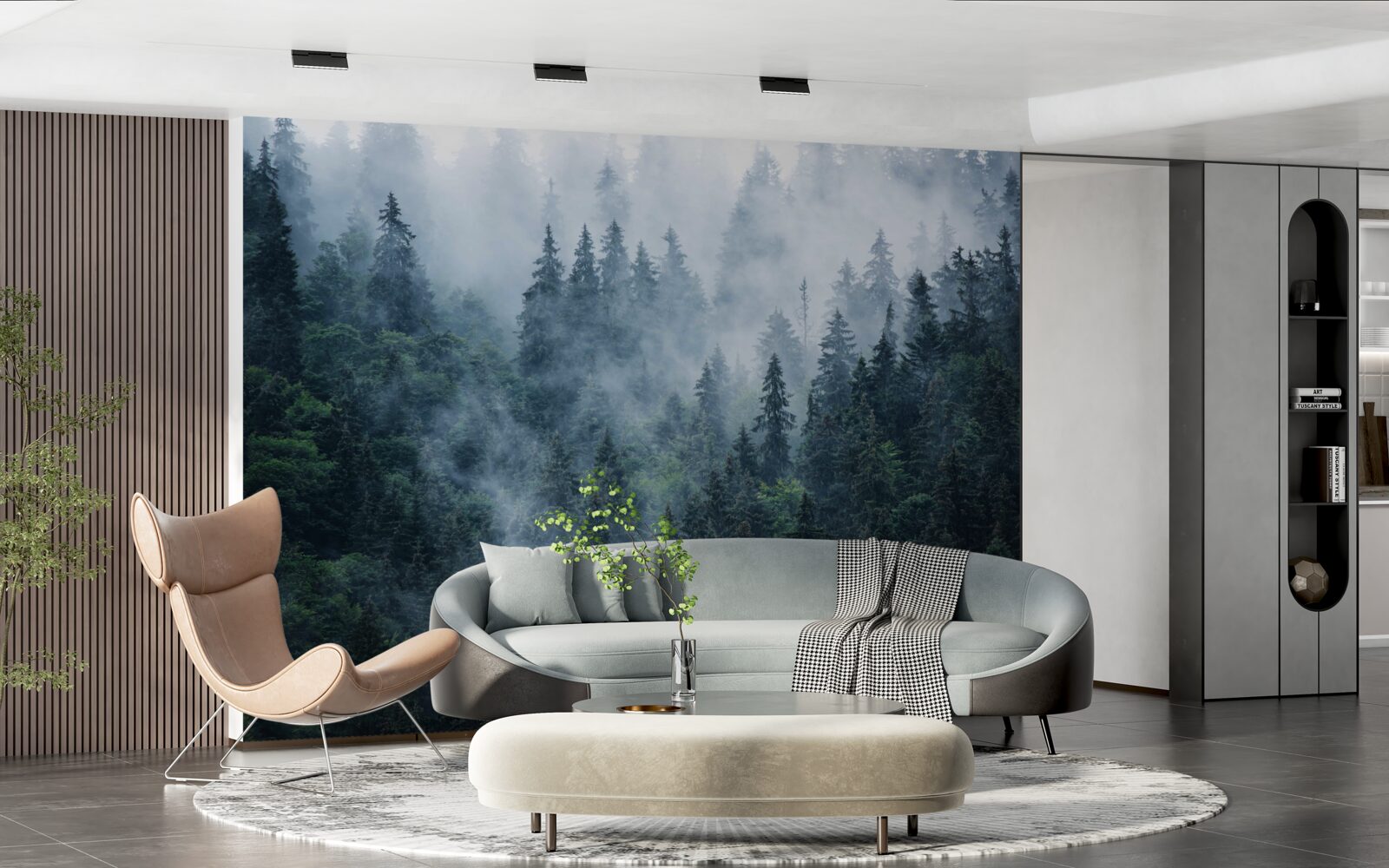 Fotobehang mist daalt neer op een bosje sparrenbomen