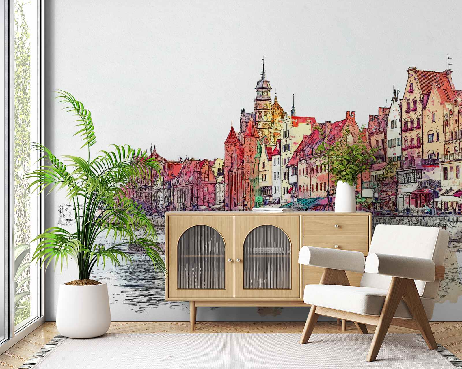 Fotobehang weerspiegeling van stedelijke schoonheid op het wateroppervlak