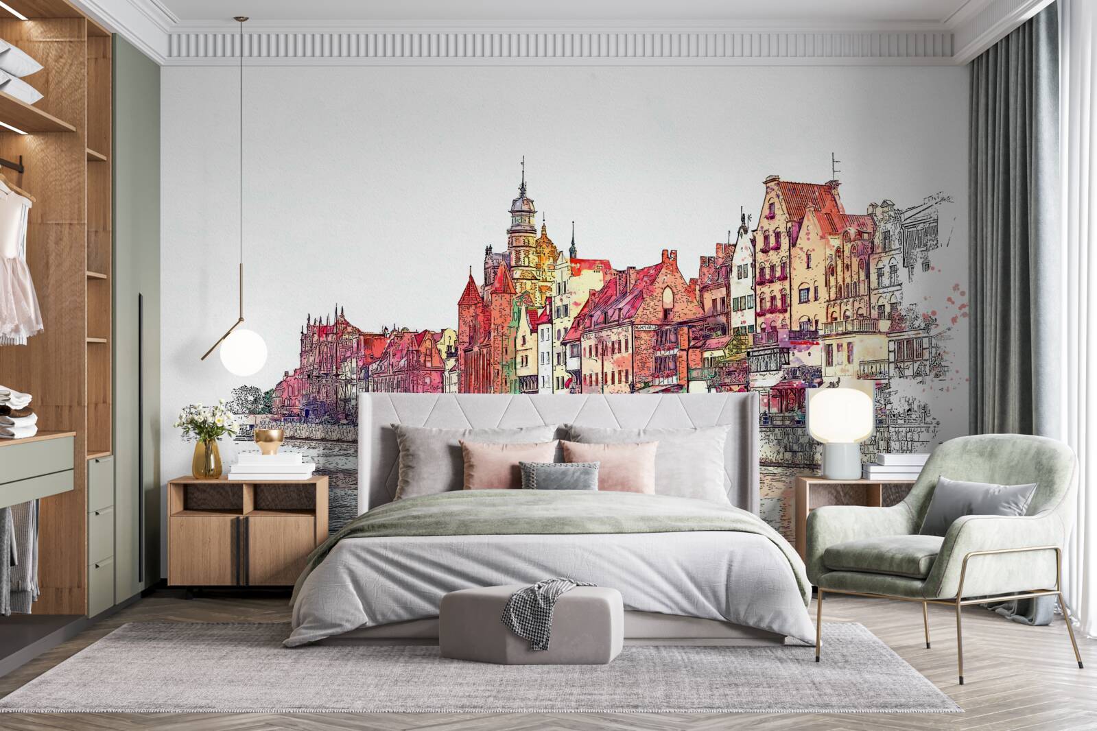 Fotobehang weerspiegeling van stedelijke schoonheid op het wateroppervlak