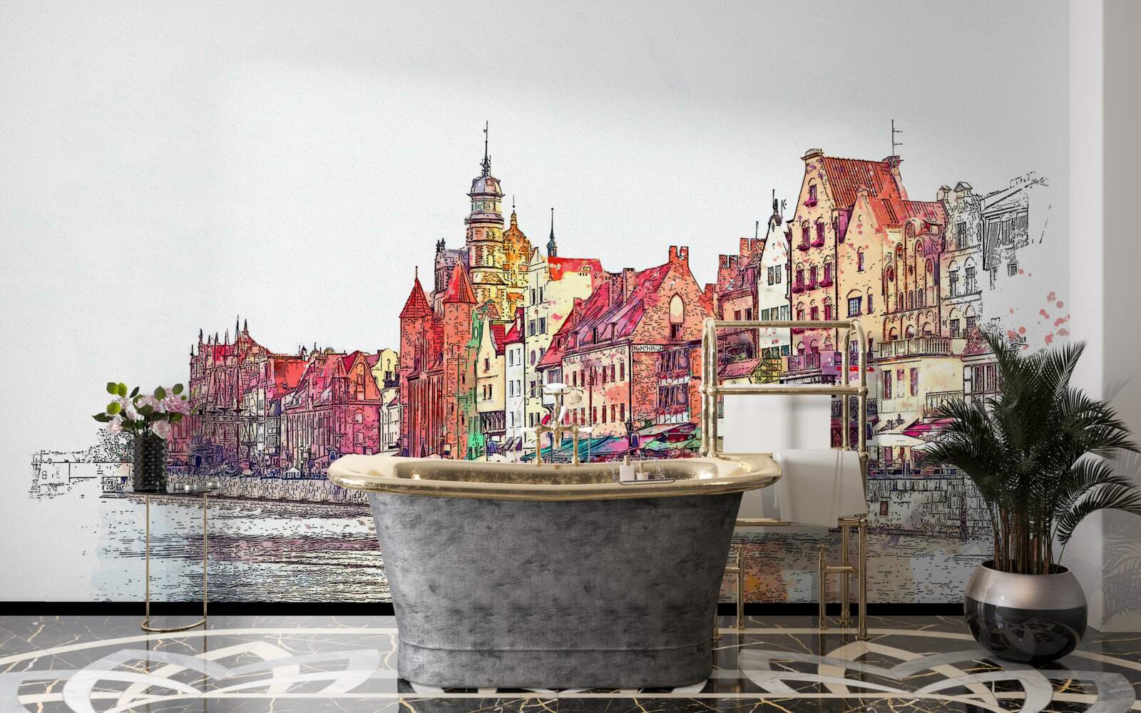 Fotobehang weerspiegeling van stedelijke schoonheid op het wateroppervlak