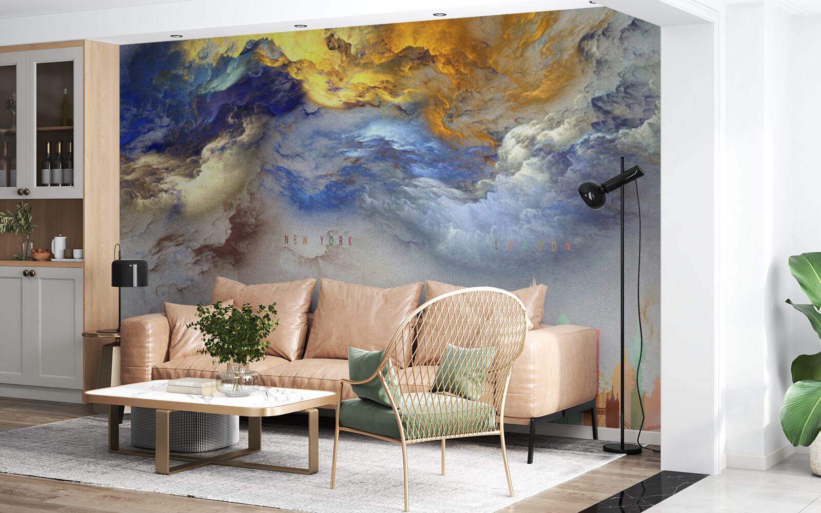 Fotobehang onduidelijke wolken boven stadsgebouwen