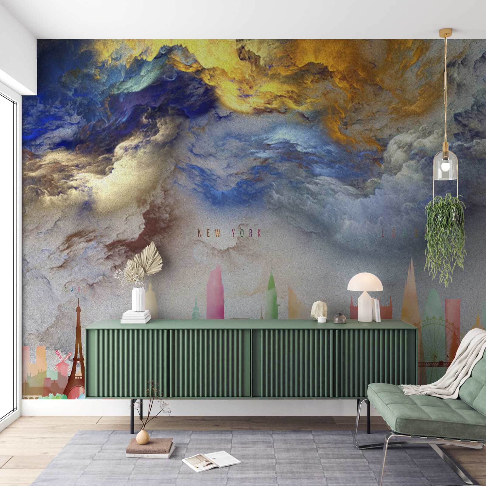 Fotobehang onduidelijke wolken boven stadsgebouwen