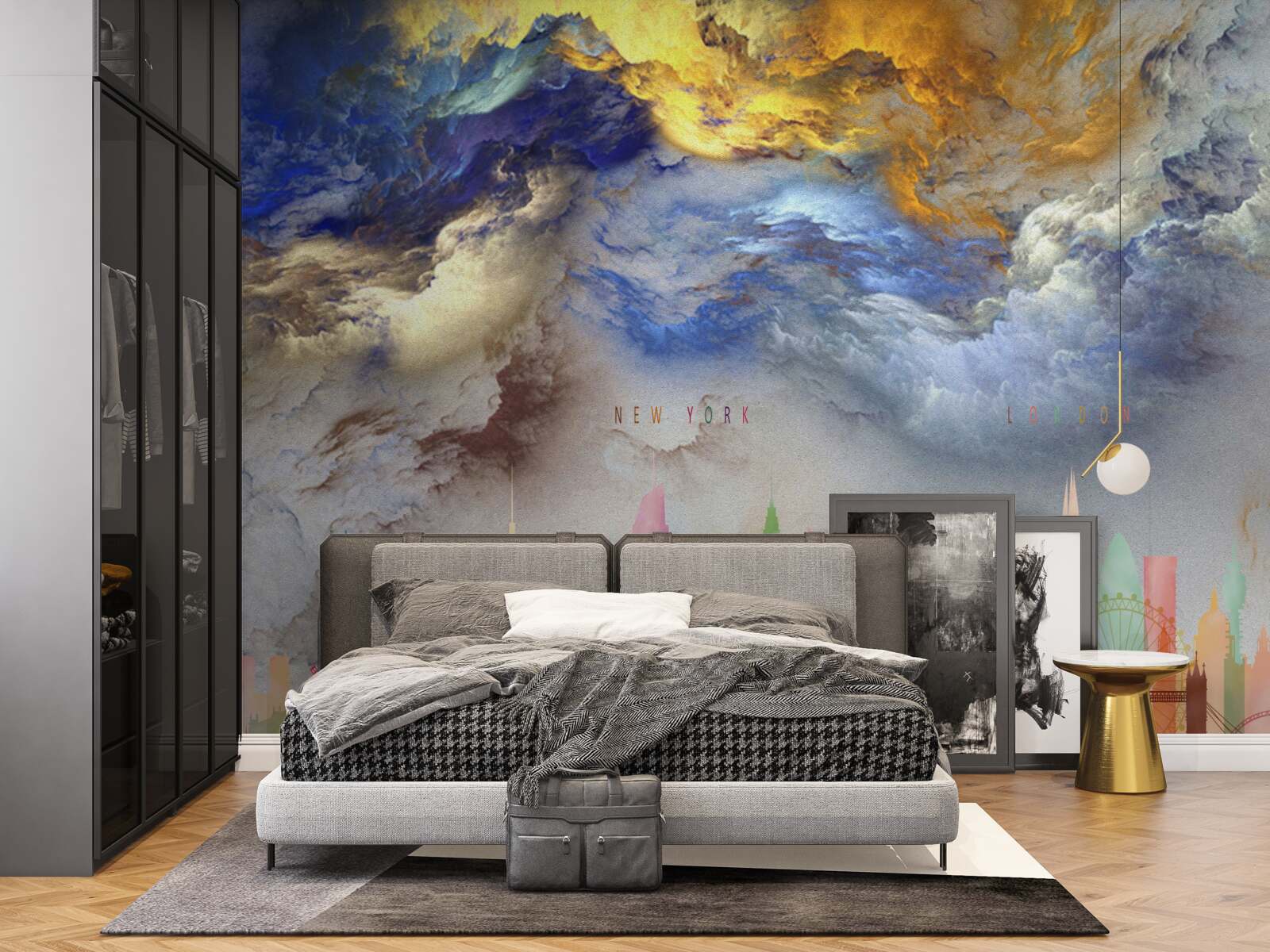 Fotobehang onduidelijke wolken boven stadsgebouwen