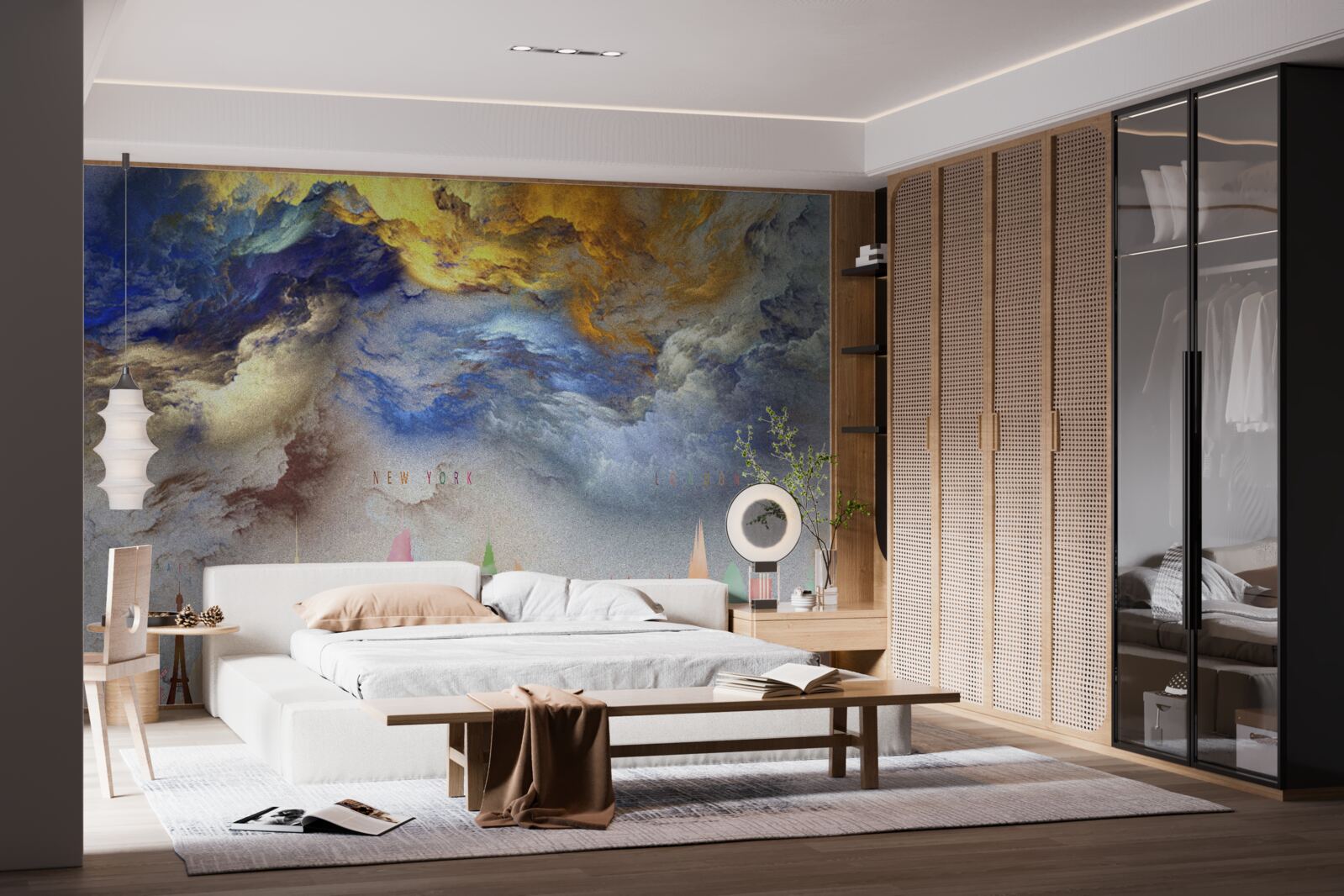 Fotobehang onduidelijke wolken boven stadsgebouwen