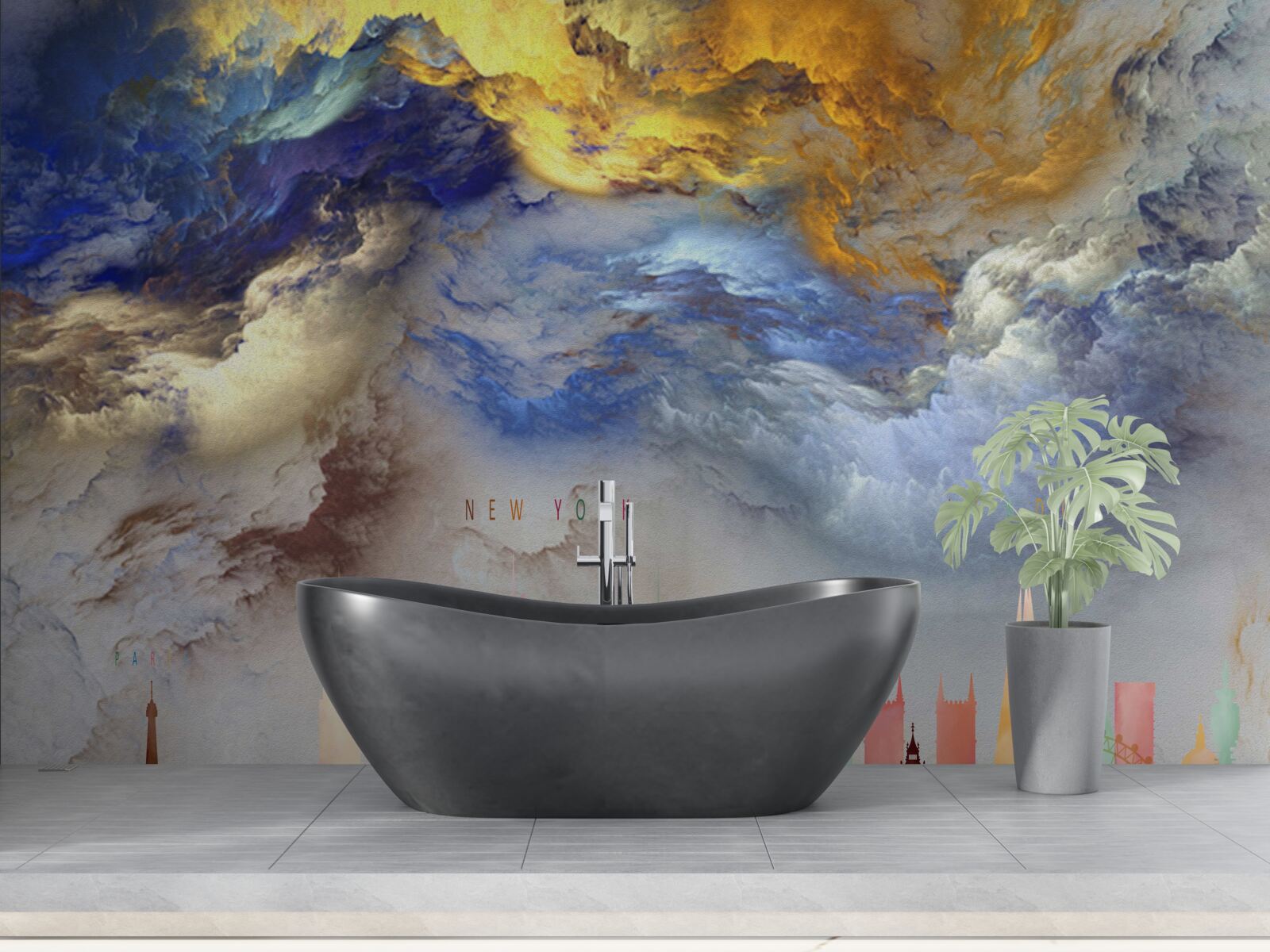 Fotobehang onduidelijke wolken boven stadsgebouwen