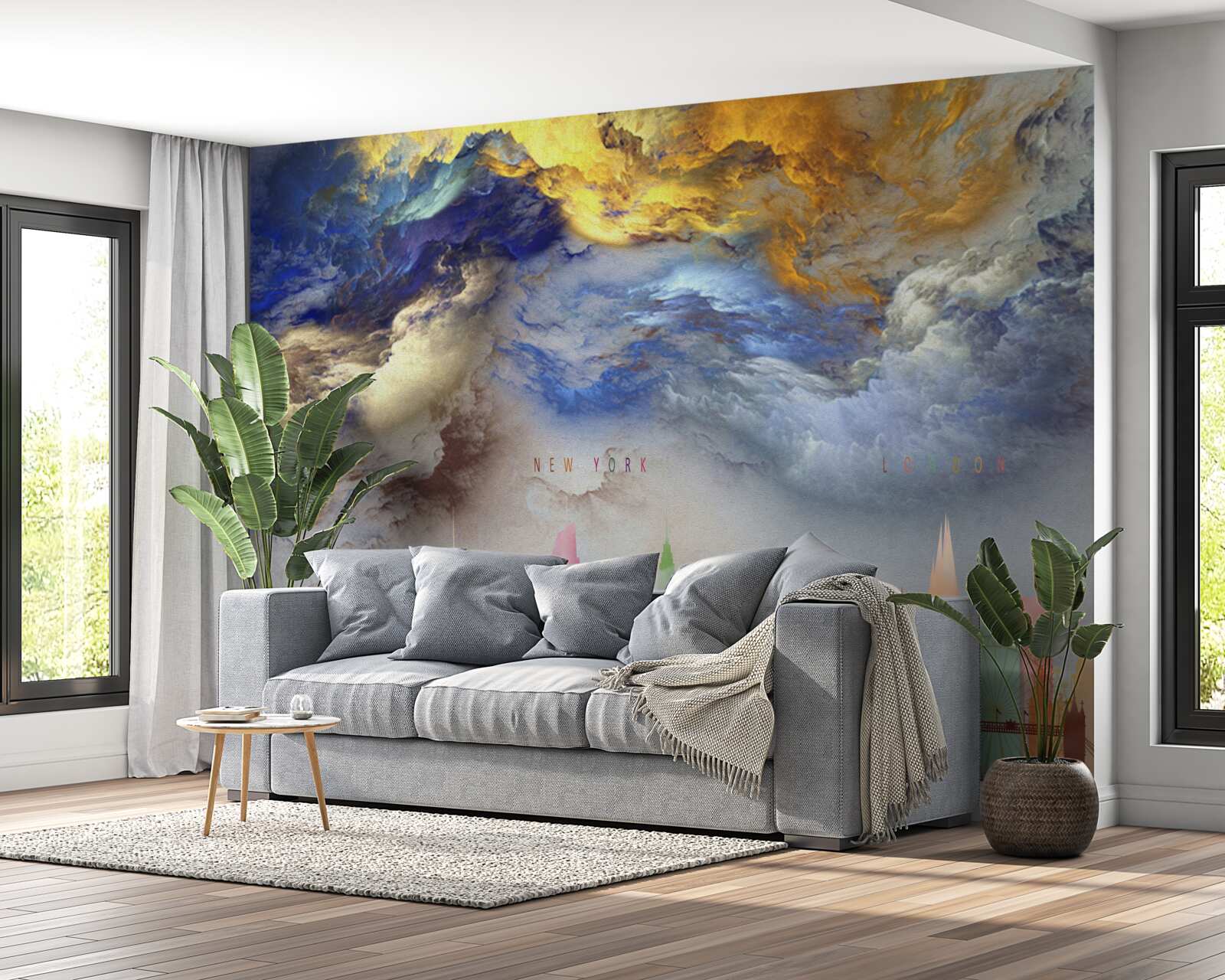 Fotobehang onduidelijke wolken boven stadsgebouwen