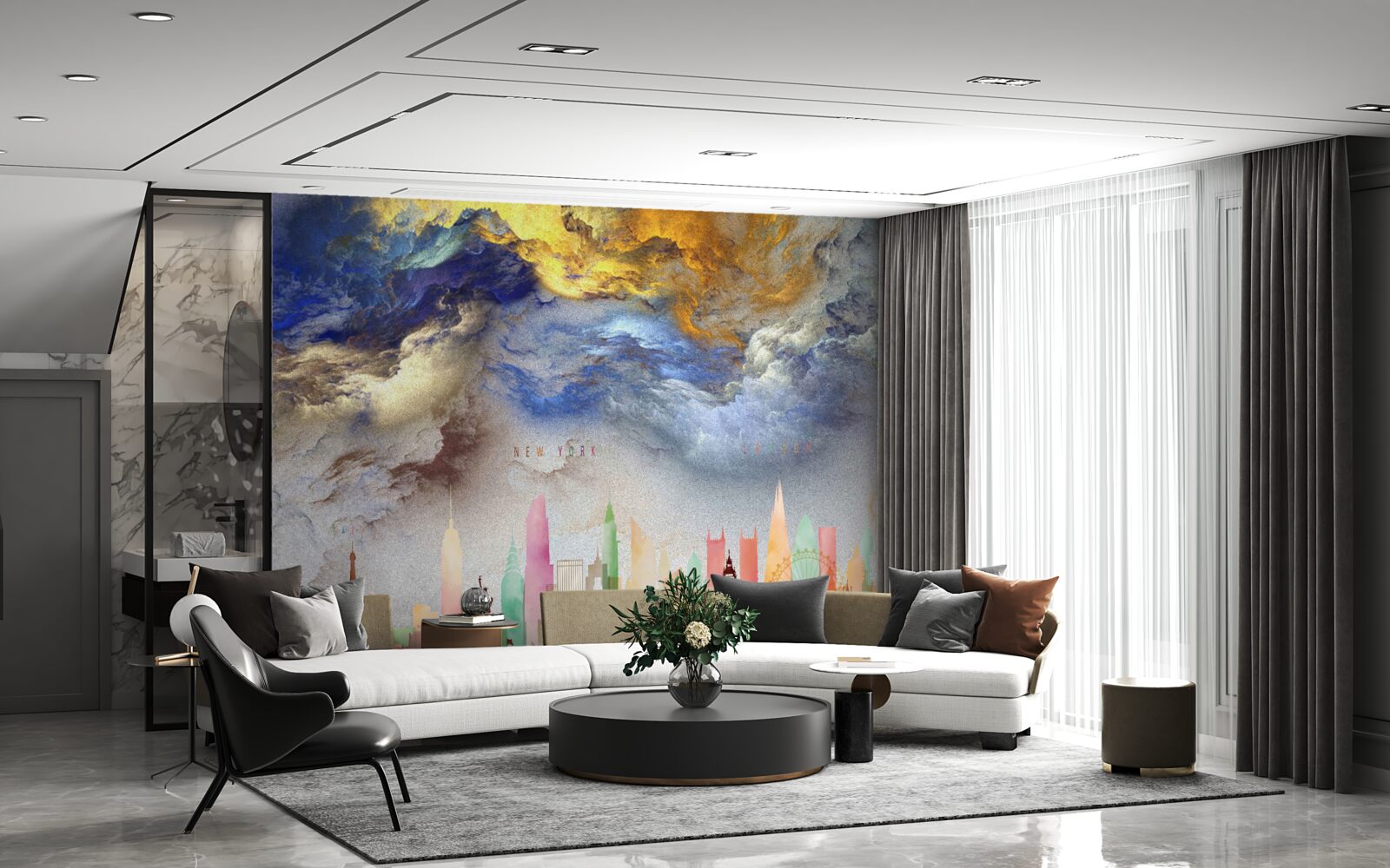 Fotobehang onduidelijke wolken boven stadsgebouwen