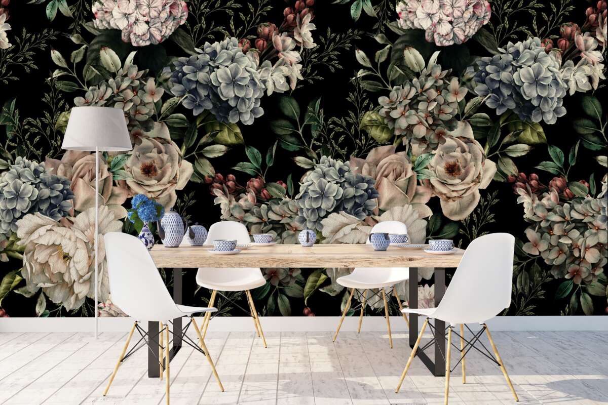 Fotobehang bloeiende takken op een donkere achtergrond