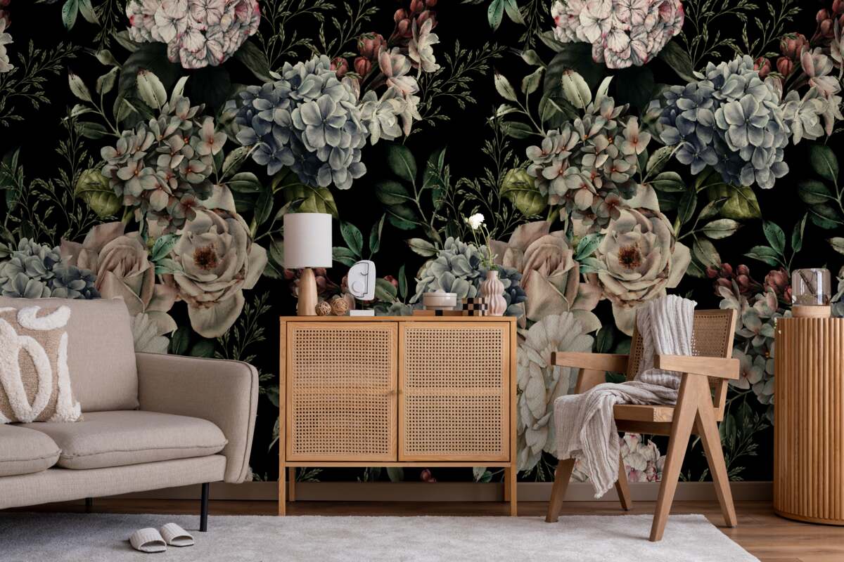 Fotobehang bloeiende takken op een donkere achtergrond