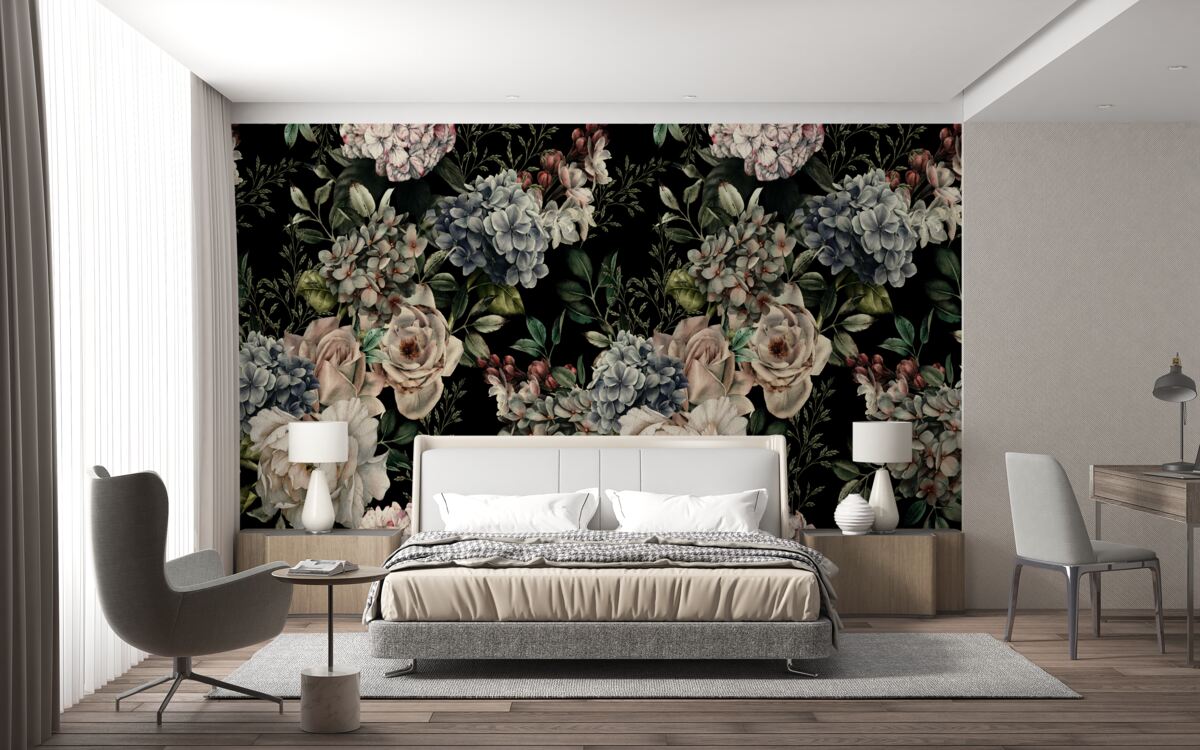 Fotobehang bloeiende takken op een donkere achtergrond