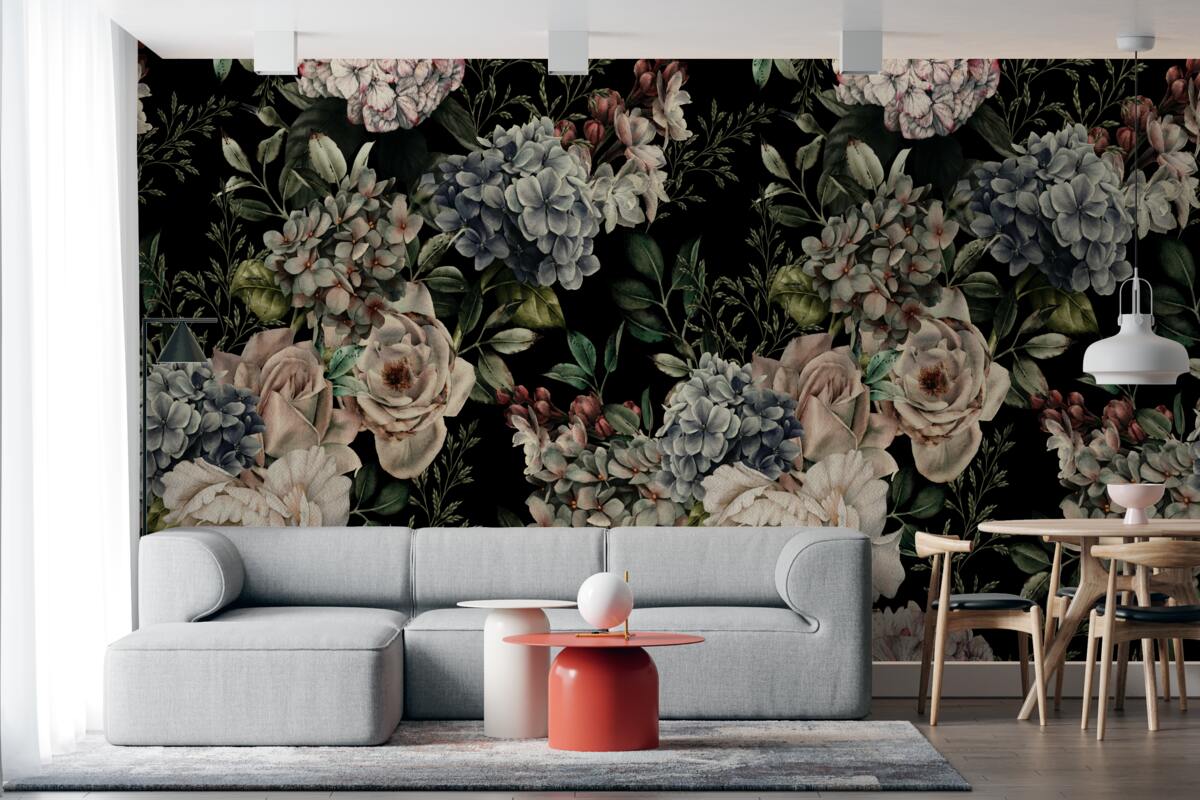 Fotobehang bloeiende takken op een donkere achtergrond