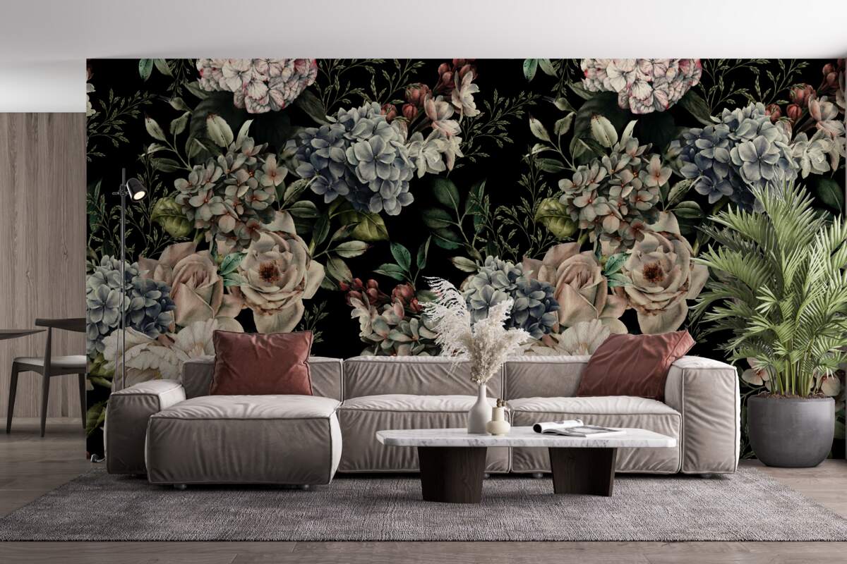 Fotobehang bloeiende takken op een donkere achtergrond