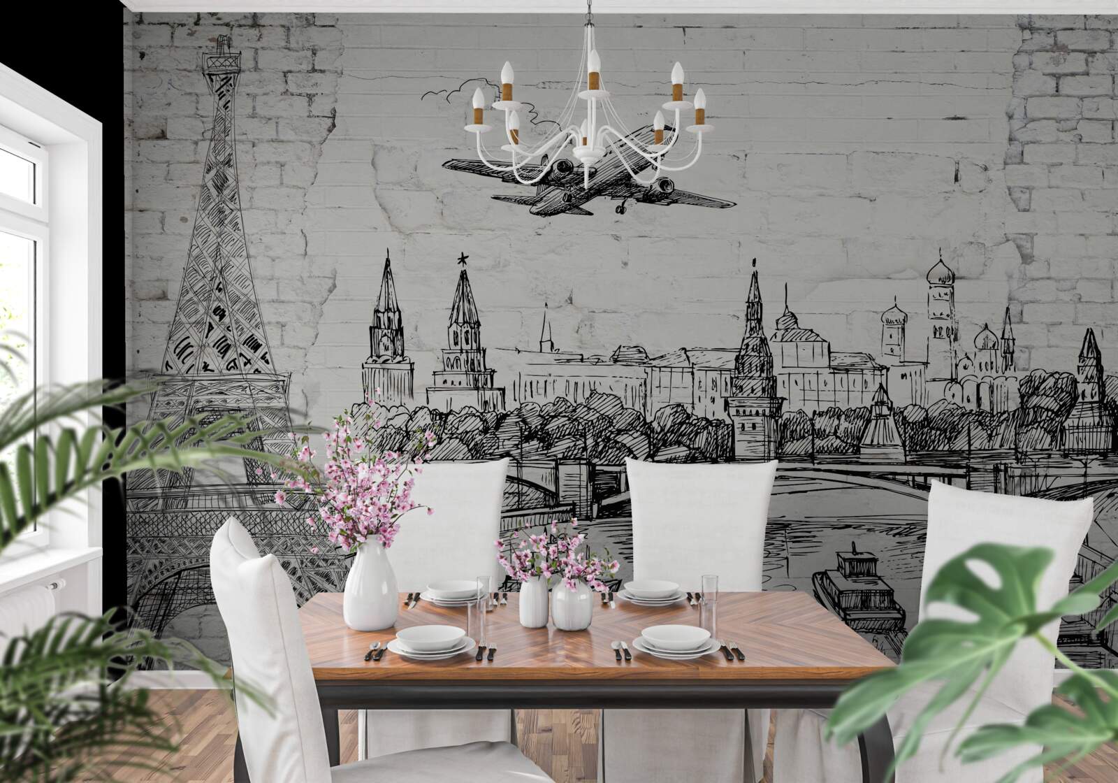 Fotobehang een stad in zwart en wit, gebouwd van witte bakstenen