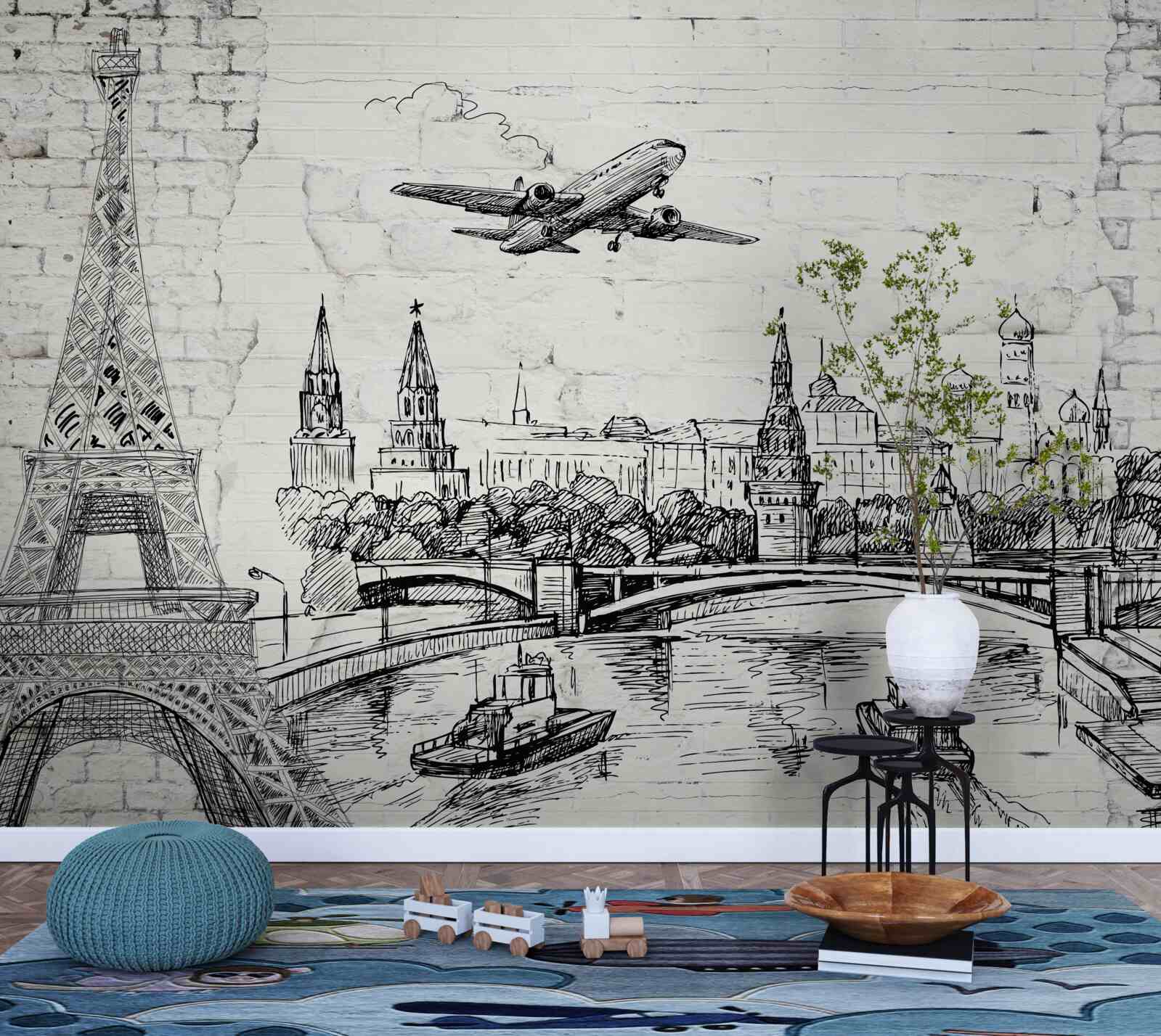 Fotobehang een stad in zwart en wit, gebouwd van witte bakstenen