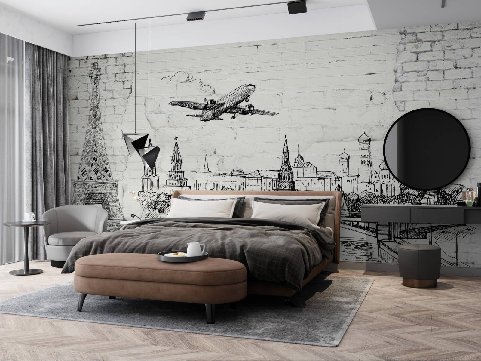 Fotobehang een stad in zwart en wit, gebouwd van witte bakstenen