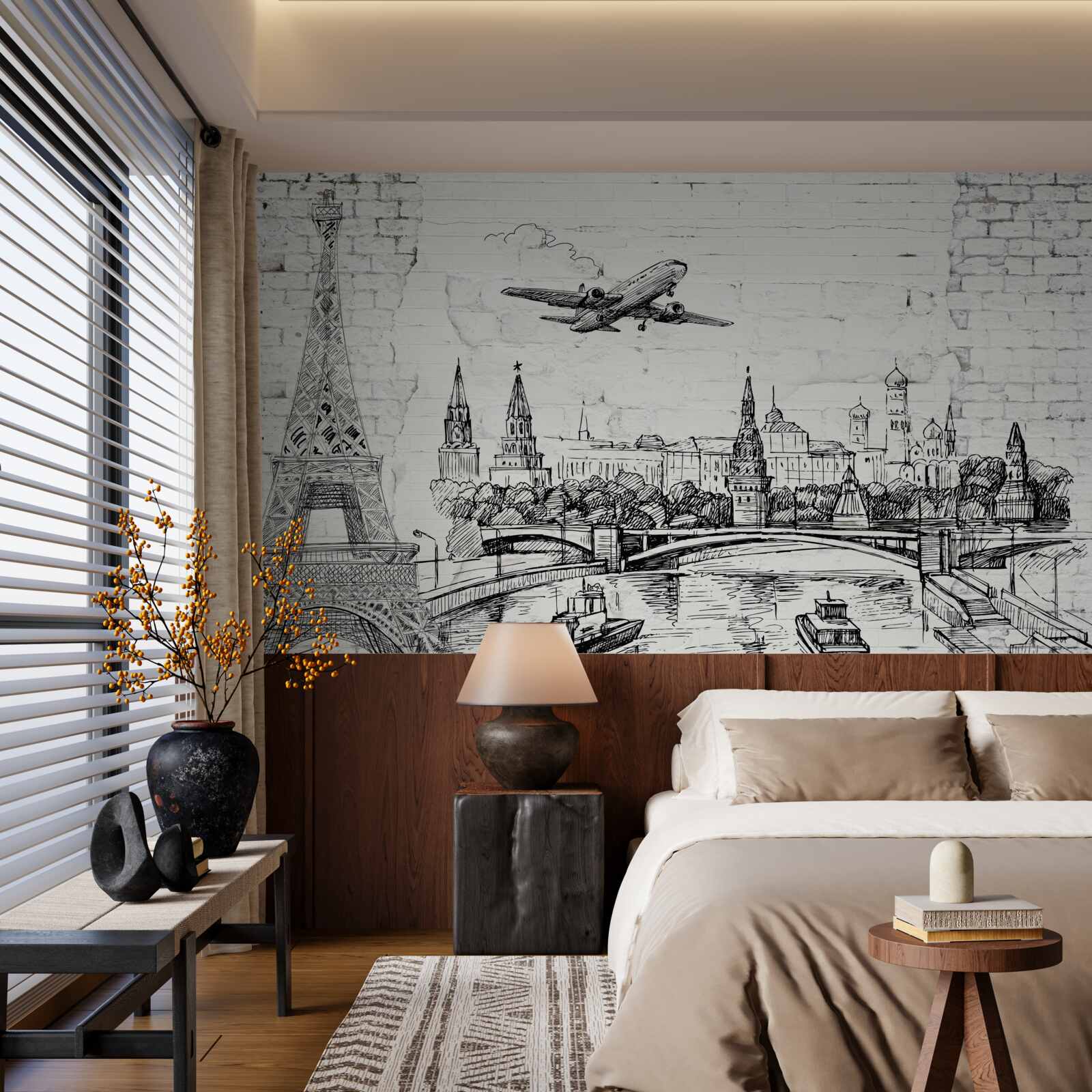 Fotobehang een stad in zwart en wit, gebouwd van witte bakstenen