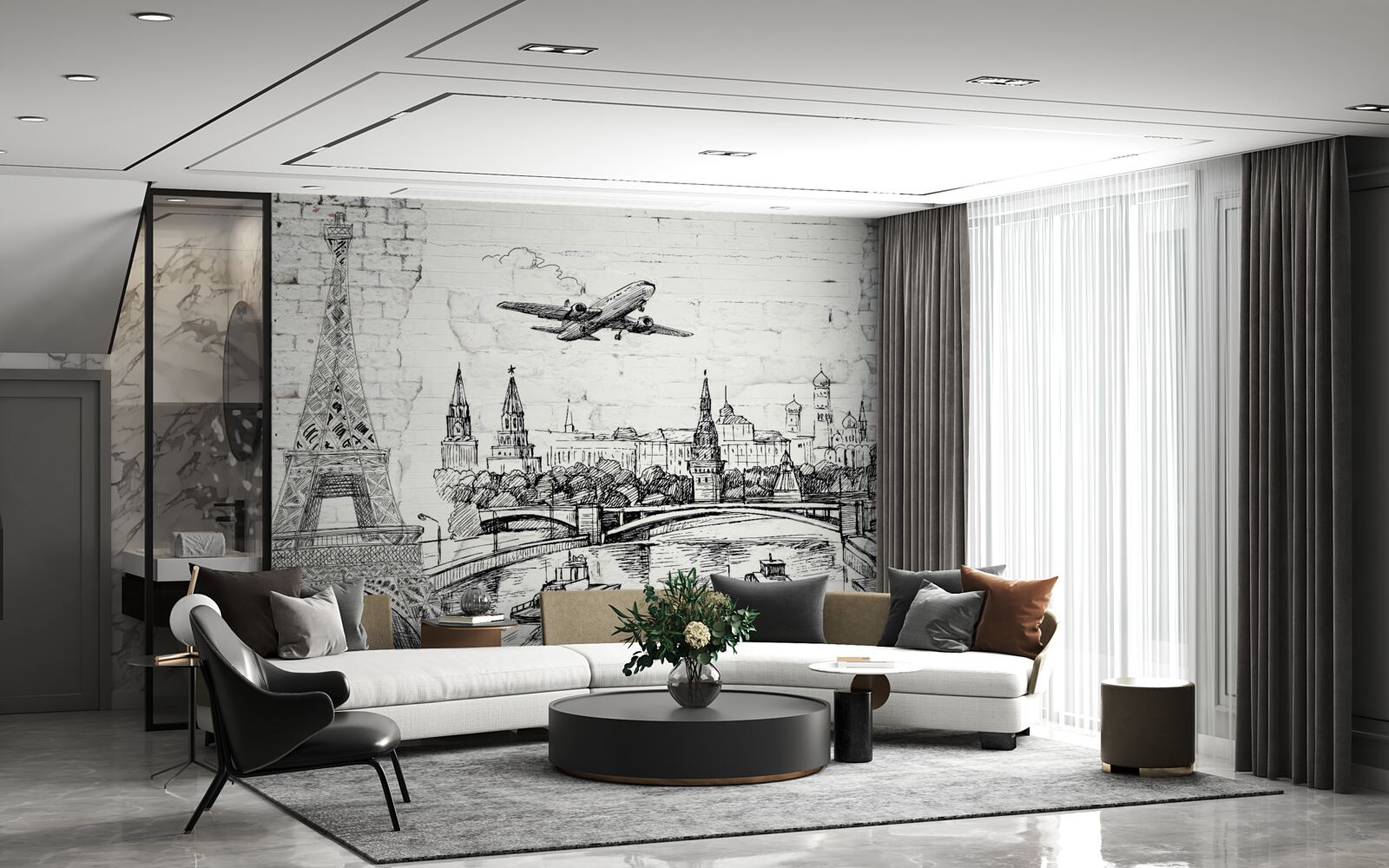 Fotobehang een stad in zwart en wit, gebouwd van witte bakstenen