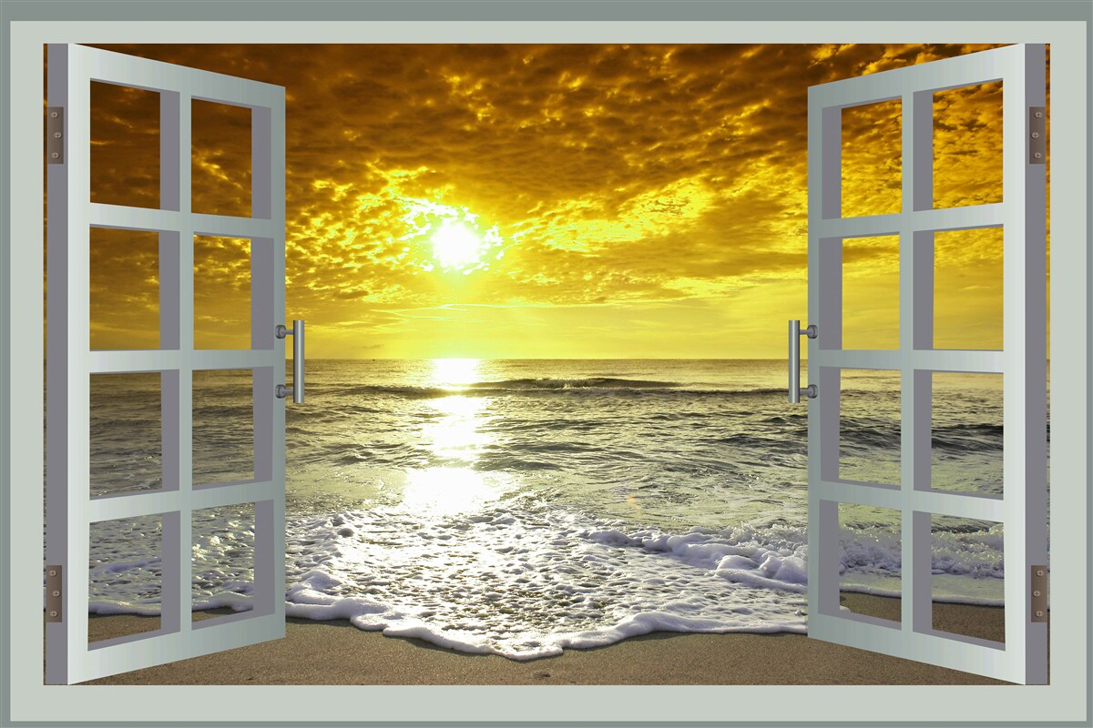 Fotobehang prachtig uitzicht op de zonsondergang over de zee recht vanuit het raam