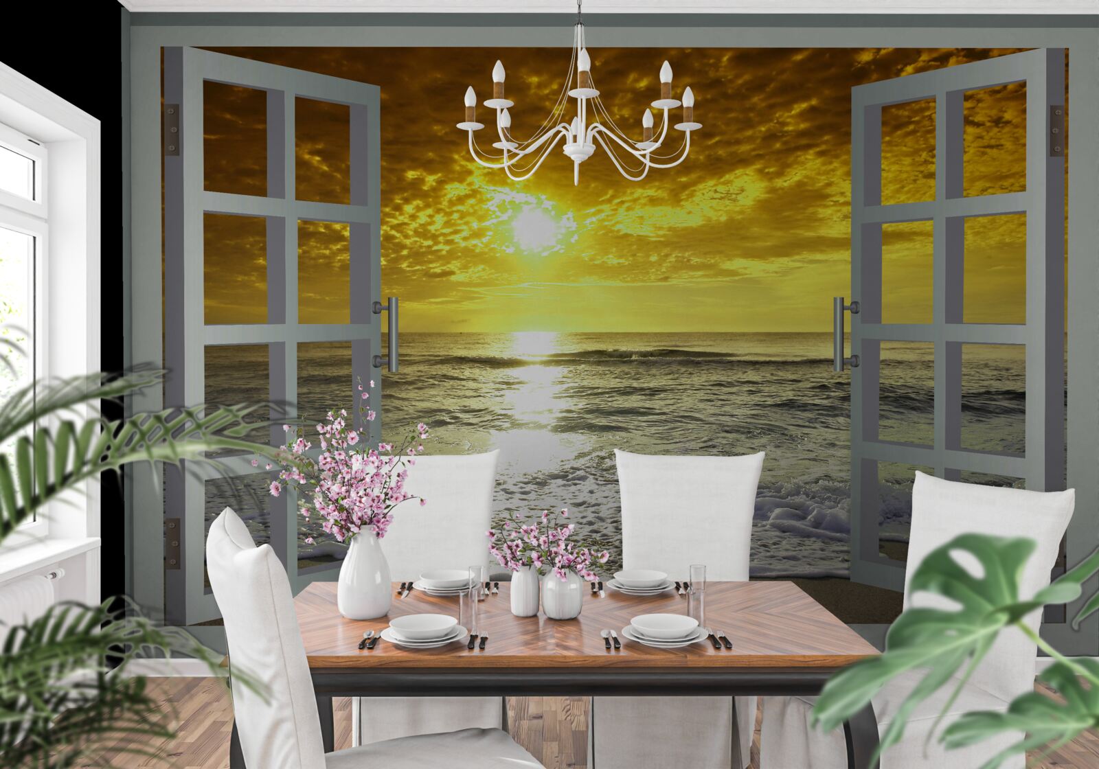 Fotobehang prachtig uitzicht op de zonsondergang over de zee recht vanuit het raam