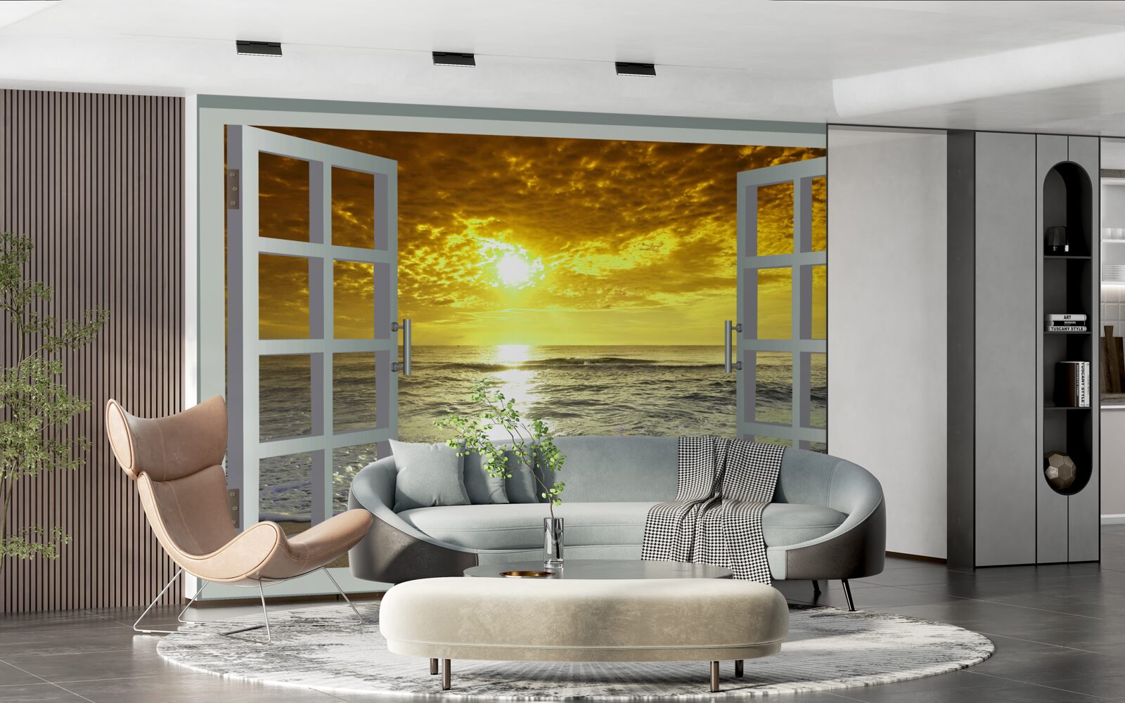 Fotobehang prachtig uitzicht op de zonsondergang over de zee recht vanuit het raam