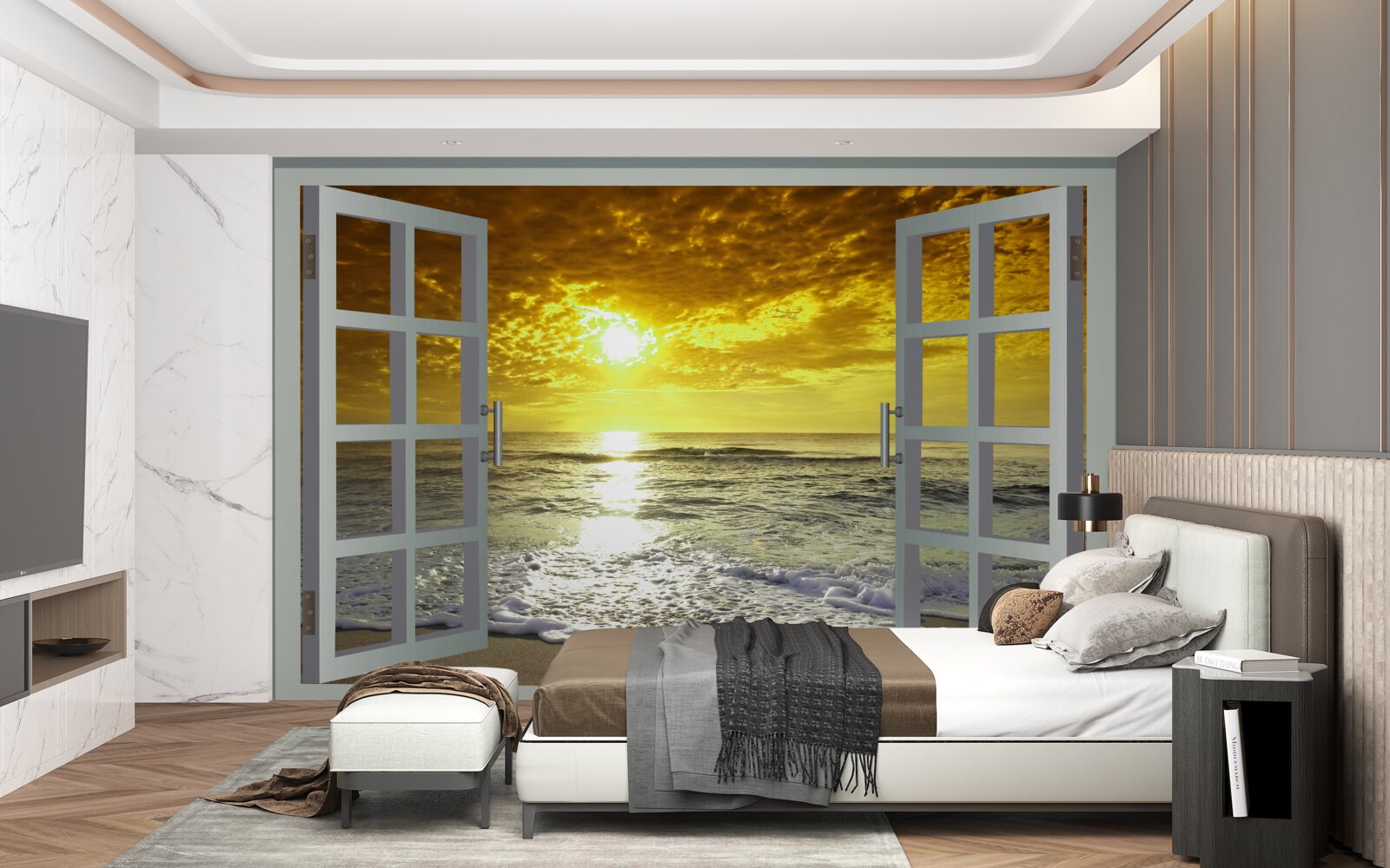 Fotobehang prachtig uitzicht op de zonsondergang over de zee recht vanuit het raam