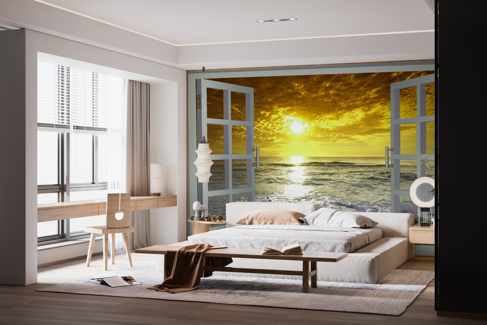 Fotobehang prachtig uitzicht op de zonsondergang over de zee recht vanuit het raam