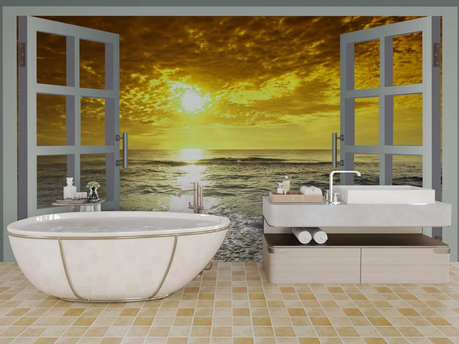 Fotobehang prachtig uitzicht op de zonsondergang over de zee recht vanuit het raam